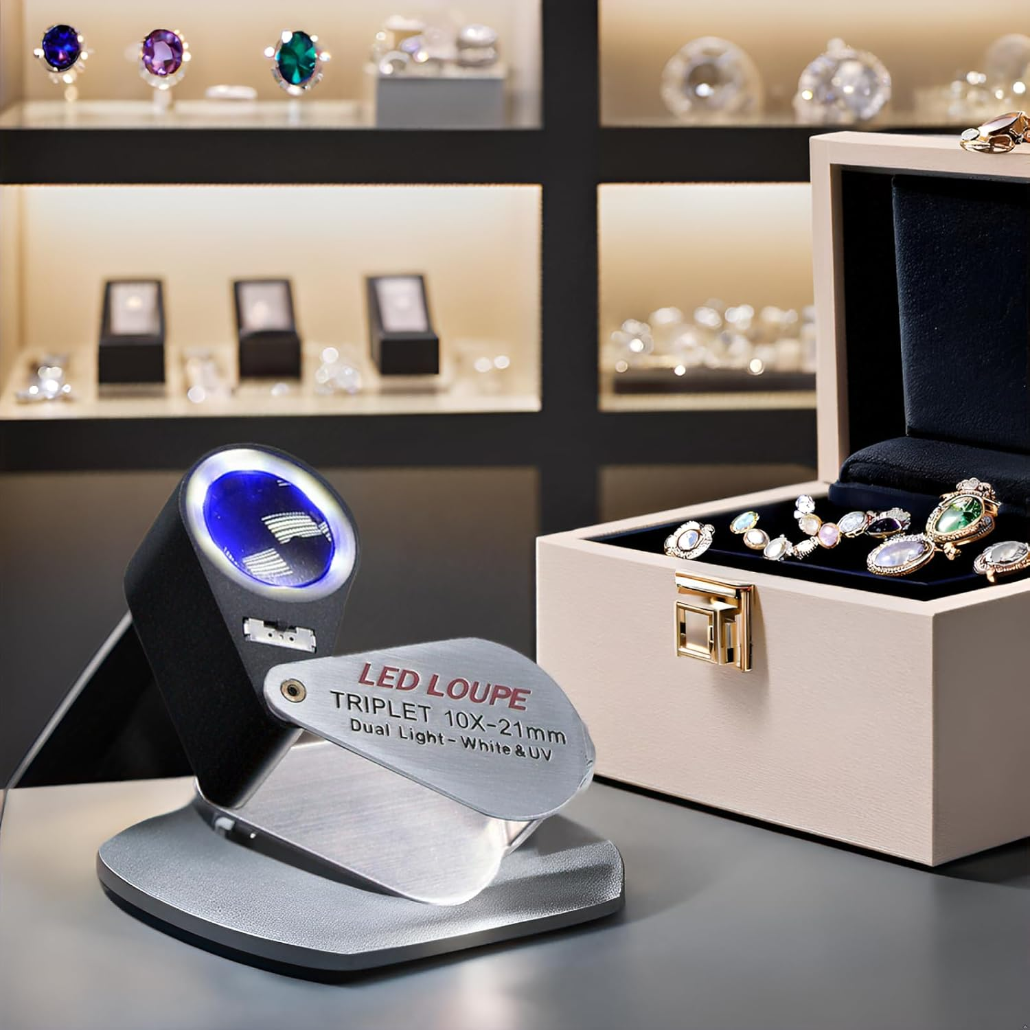 Gain Express Jewelers Loupe Magnifier, Jewelry Loop Magnifier with Light, Hastings Triplet Loupe 10X for Coin, Gem, Stamp, Diamond Etc (White LED & UV Light)