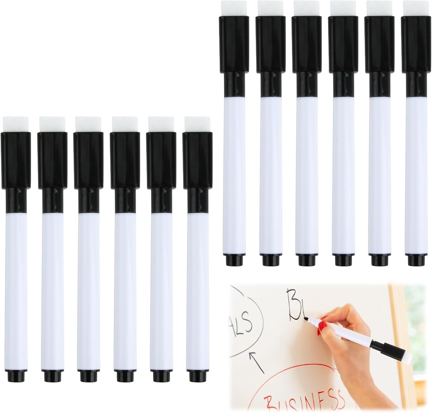 12 Pcs Whiteboard Marker with Eraser, Dry Erasable Markers Fine Point Tip Black with Eraser Cap, White Board Pens for School Office Home Teacher Student Supplies image number 6