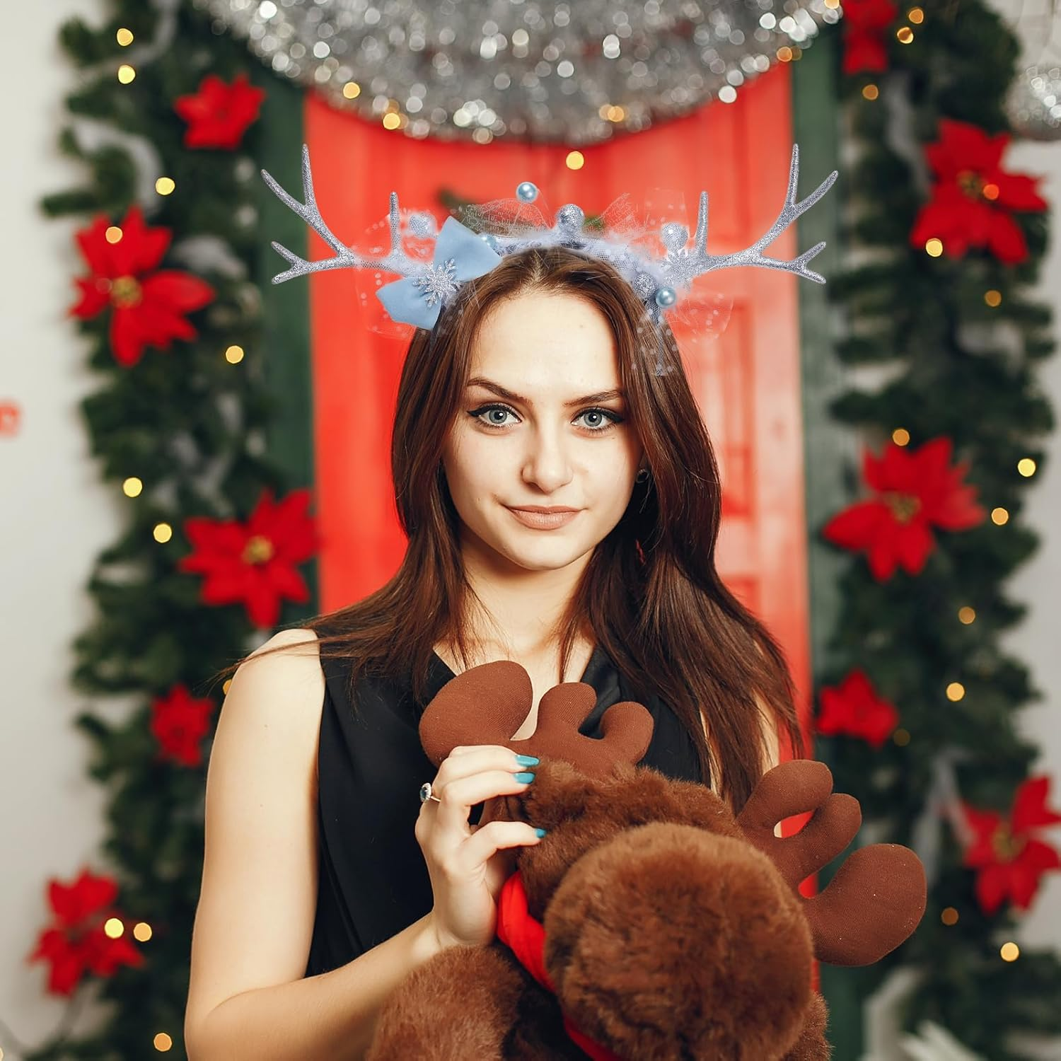 NICENEEDED Christmas Elk Antlers Headband, Bow Hair Hoop Snowflake Headpiece Xmas Head Boppers Glitter Headdress, Holiday Costume Headwear for Party Hair Accessories image number 4