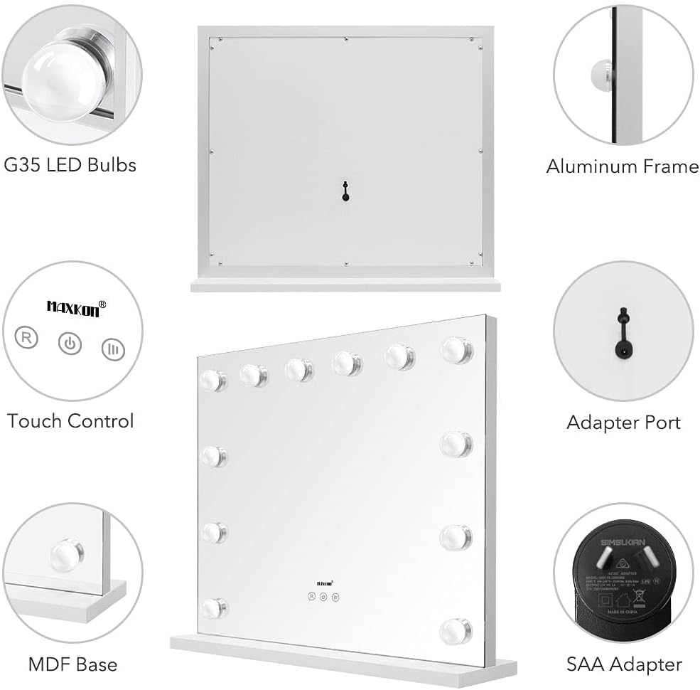 Maxkon Lighted Makeup Mirror Hollywood Mirror Vanity Mirror Tabletop Mirror with 12 LED Lights Smart Touch Control 55X45Cm