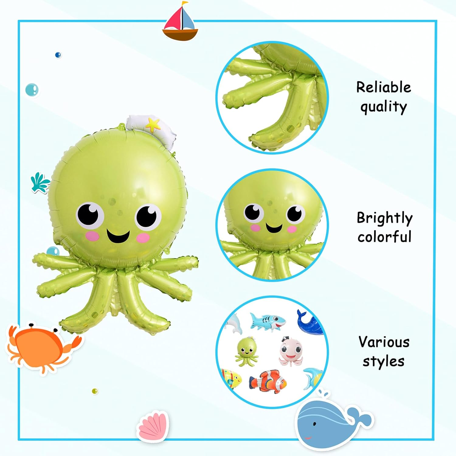 16Pcs under the Sea Party Decorations, KUAOOAUK Large Ocean Themed Party Decorations, Starfish Seahorse Shark Crab Foil Balloons, Sea Animal Balloons for Kids Baby Shower Birthday Party image number 1