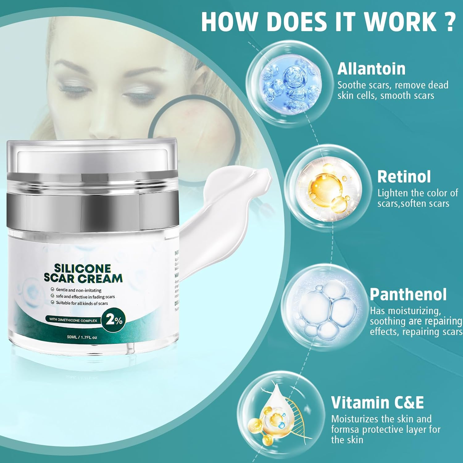 Advanced Scar Cream, Silicone Gel for Scars, Professional Scar Removal Cream for Surgical Scars, Stretch Marks, Old and New Scars 1.7 Oz(50Ml) image number 3