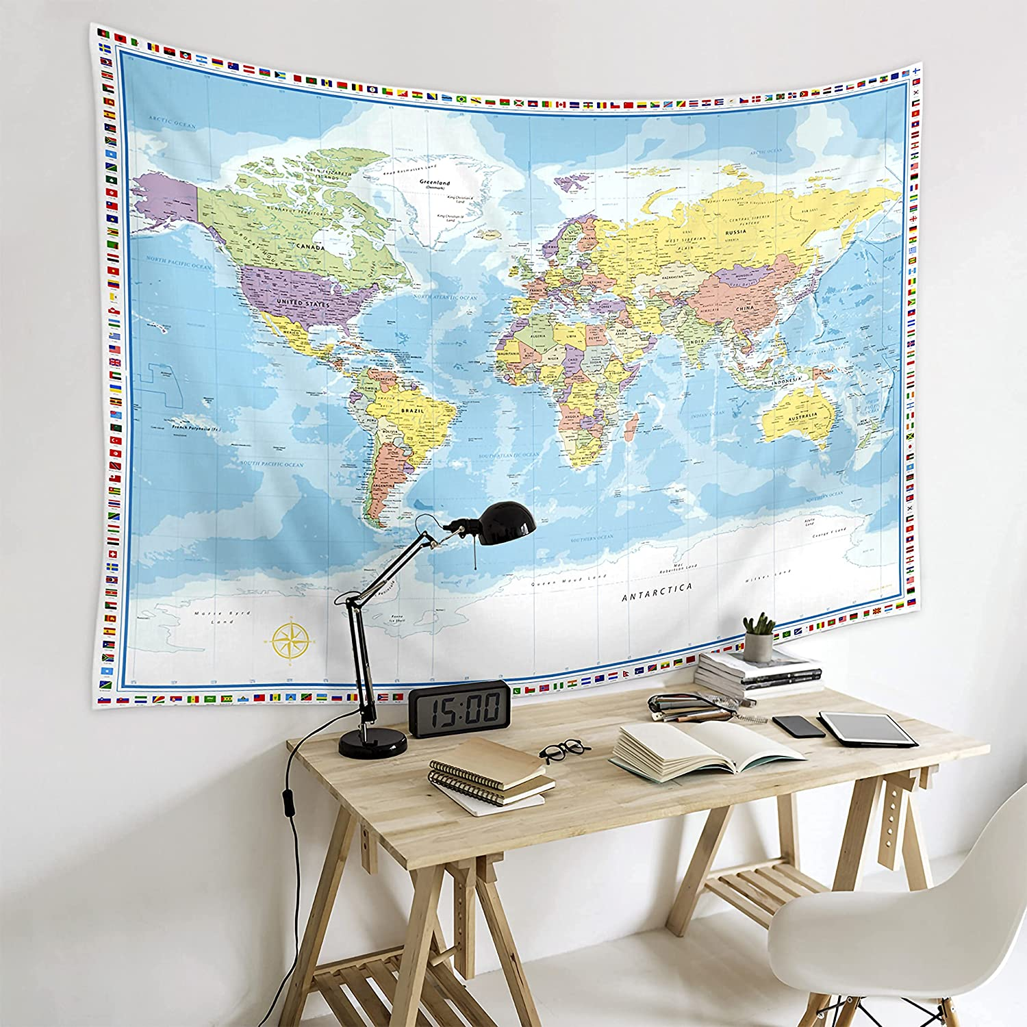 Large World Map Tapestry - Wall Hanging with Country Flags for Kids' Room, Classroom Decor - 60X80 In