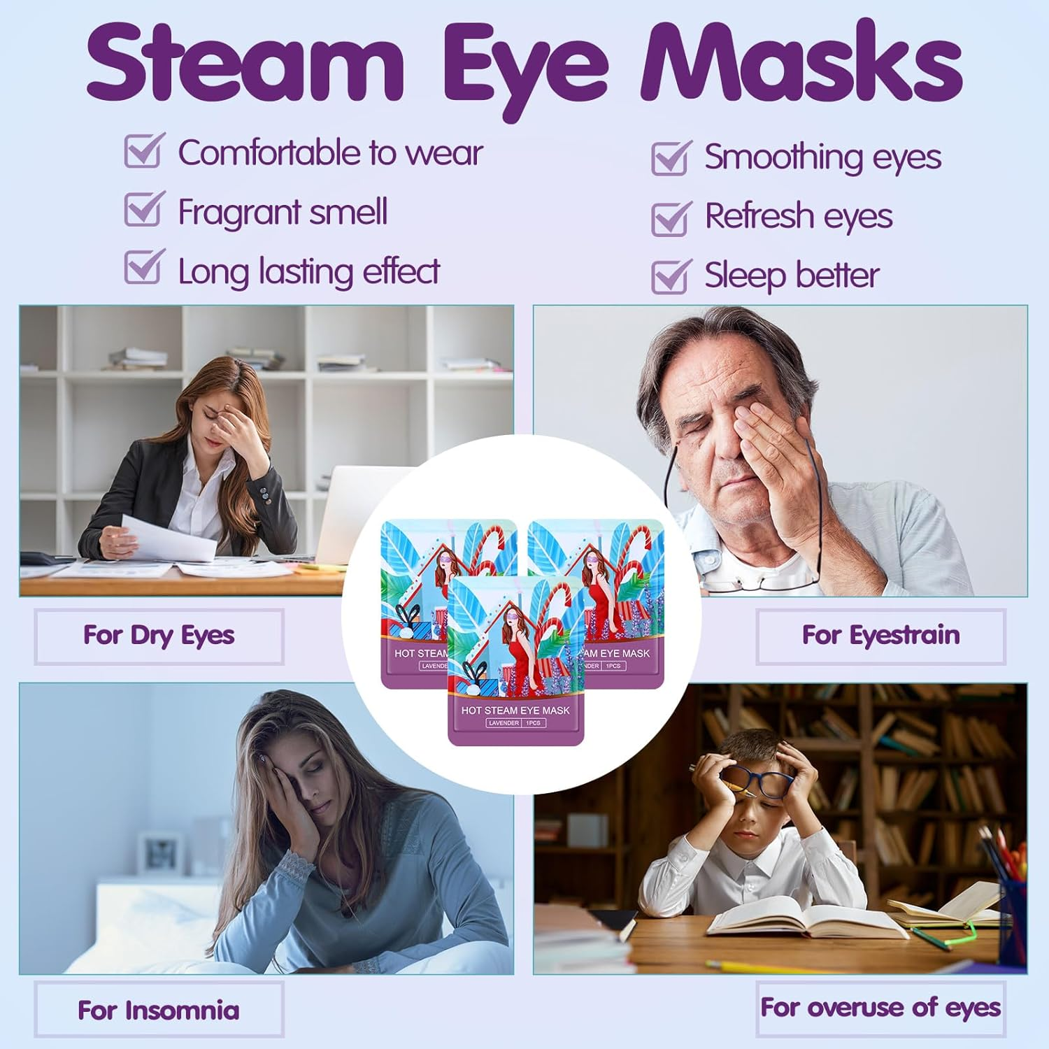 Dansib 60 Pcs 60 Pcs Disposable Steam Eye Mask Bulk for Dry Eyes Self Heating Eye Mask for Spa Sleep Warm Compress Stress Dark Circle Relief Puffiness and Mother'S Day Relaxation Gifts (Multi Scent) image number 3