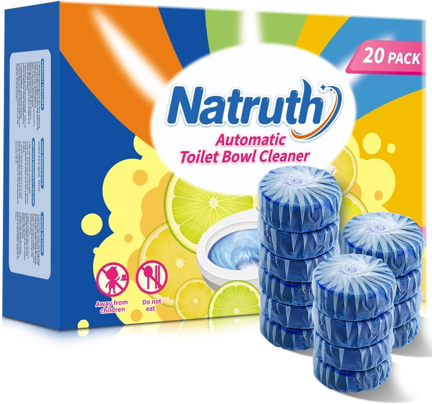NATRUTH 20PCS Toilet Bowl Cleaner,Toilet Cistern Blocks,Long-Lasting Bathroom Cleaner Tablets,Powerful Rim & Bowl Cleaning,Lemon Scent,Individually Packaged image number 1