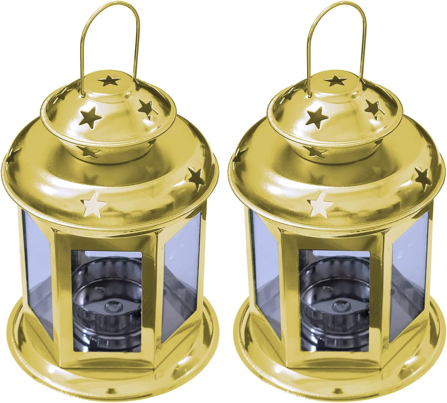 2 Pcs European Design Antique Glass Hanging Candle Lanterns with Stars Metal Frame Candlestick Holder Night Lamp, Romantic Xmas Wedding Party Decoration (Bronze)