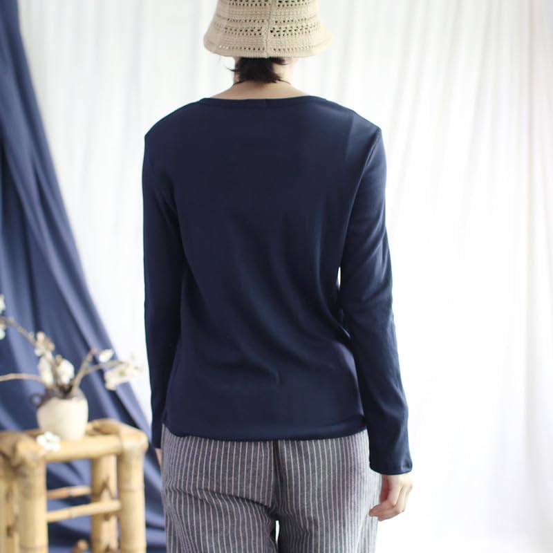 Vintage Womens Long Sleeve Solid Crew-Neck Basic Tee Navy