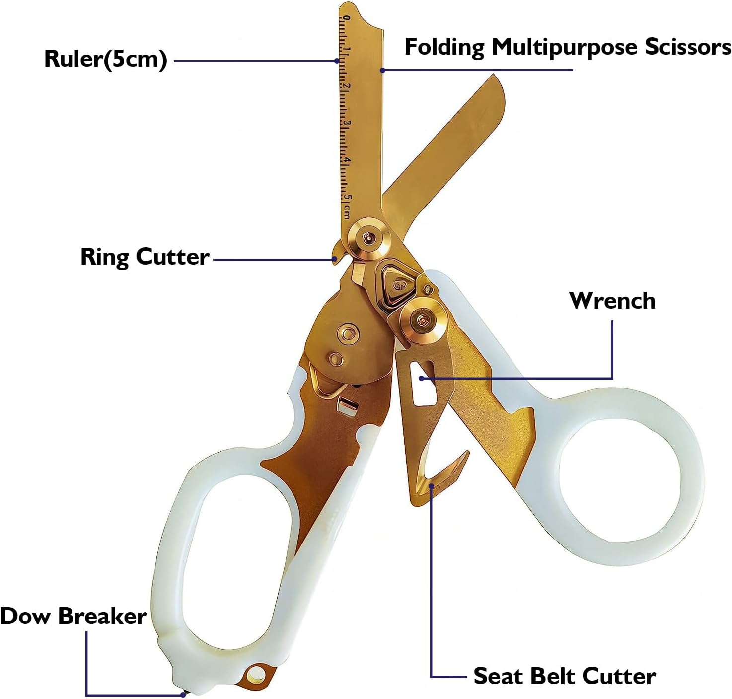 Emergency Response Shears,Stainless Steel Self-Luminous Foldable Trauma Shears,Outdoor Camping Rescue Shears Tools, Luminous White Gold+Sheath