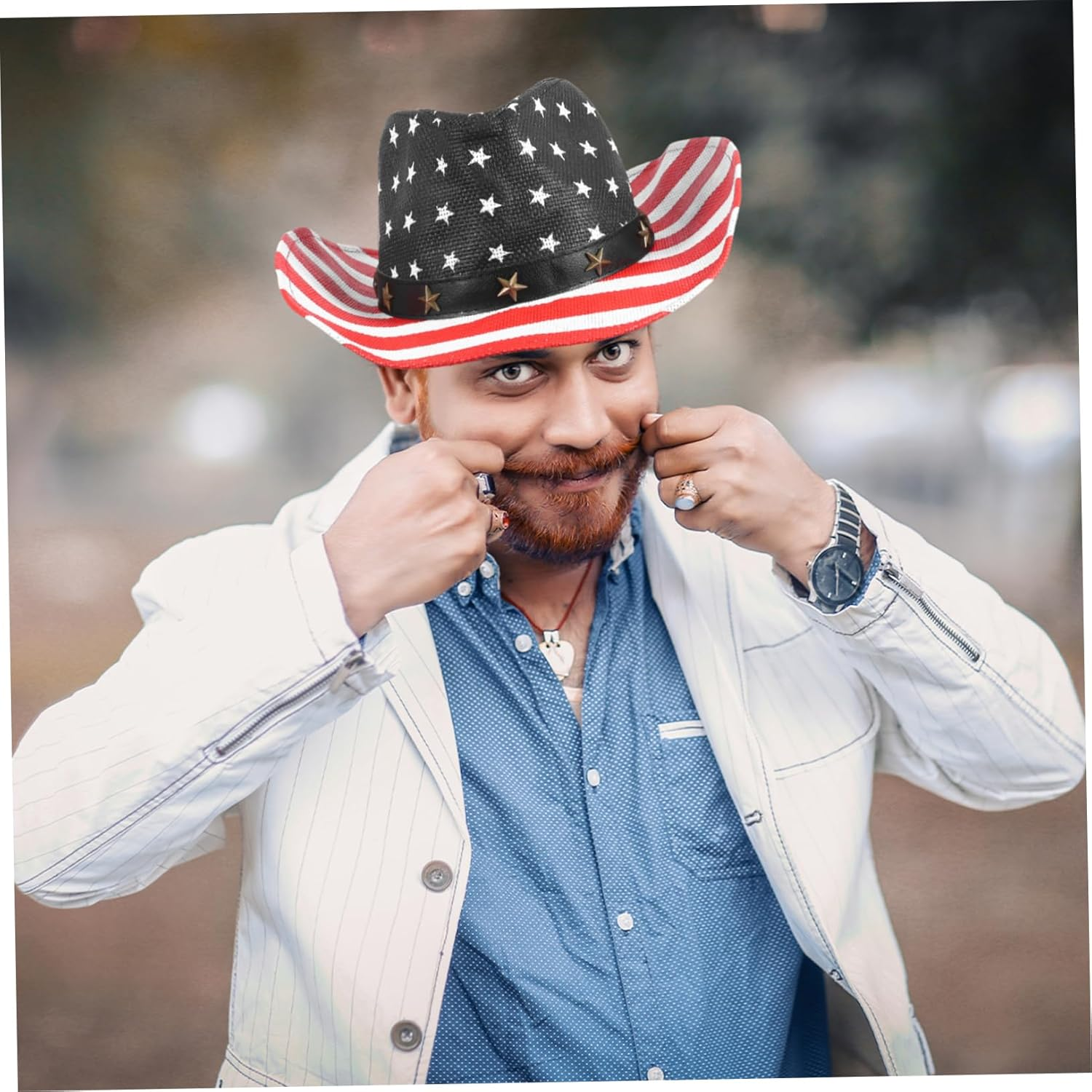 Healeved American Flag Cowboy Hat Patriotic Western USA Hat with Strap for Men Women Boys Memorial Day Party Supplies Outdoor Celebration Accessories image number 2
