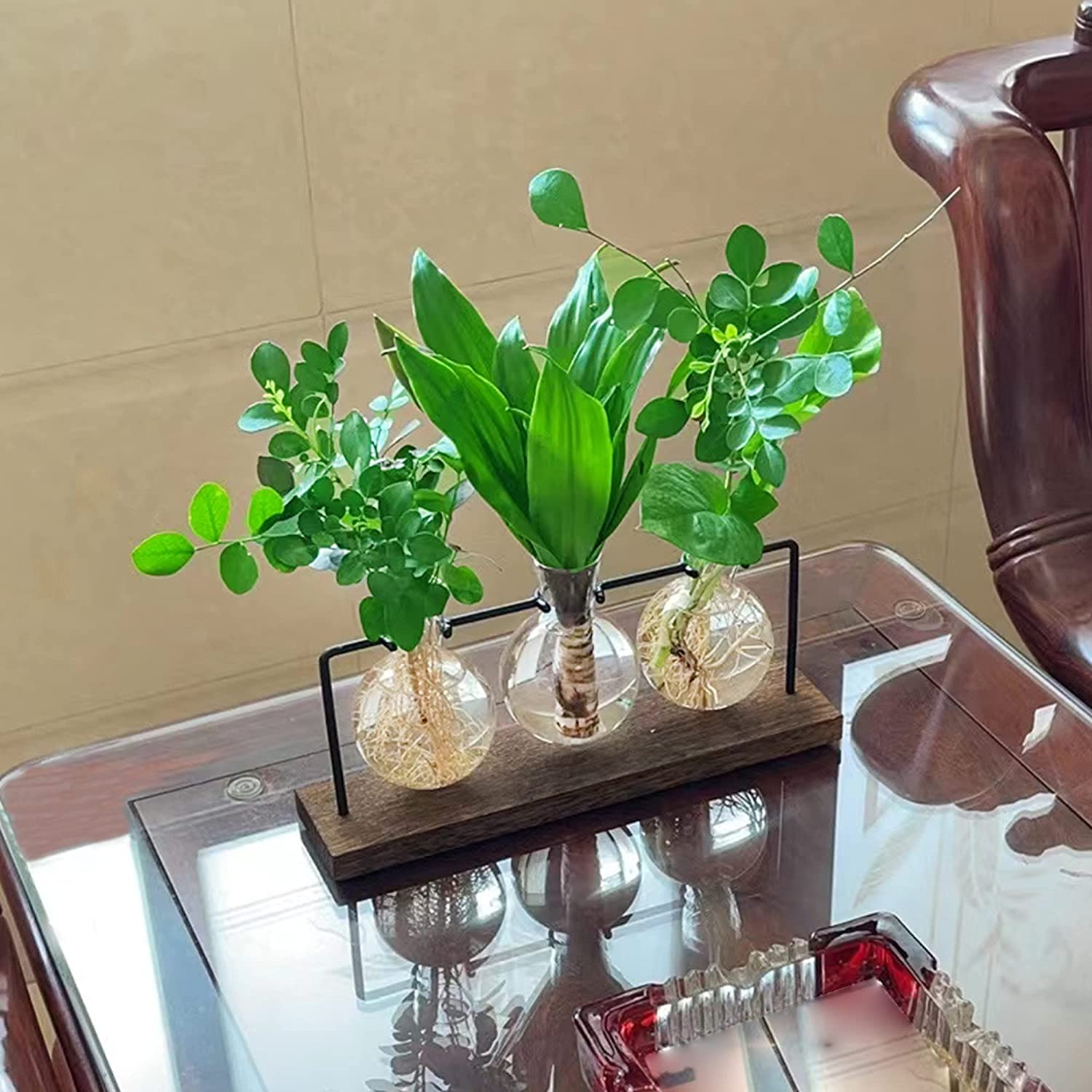 Plant Stand, 3Pcs Bulb Vases Wooden Stand, Terrarium Glass Planter for Hydroponic Plant, Christmas Home Decor (3 Bulb Vase, Brown) image number 1