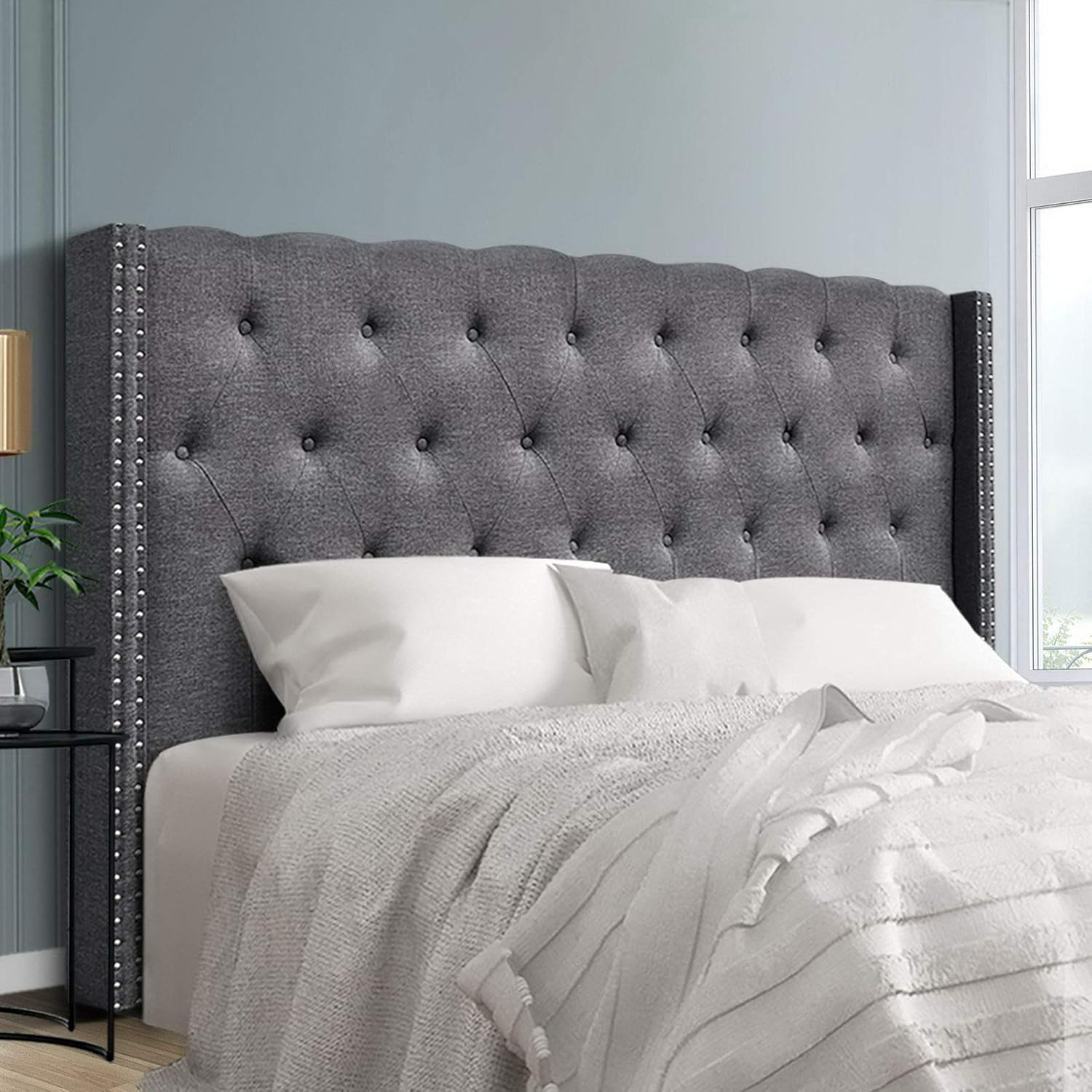 Artiss King Bed Headboard Headboards Wingback Tufted Beds Head Frame Base Upholstered with Grey Faux Linen Fabric Foam Wood, 196Cm X 120Cm X 15Cm image number 3