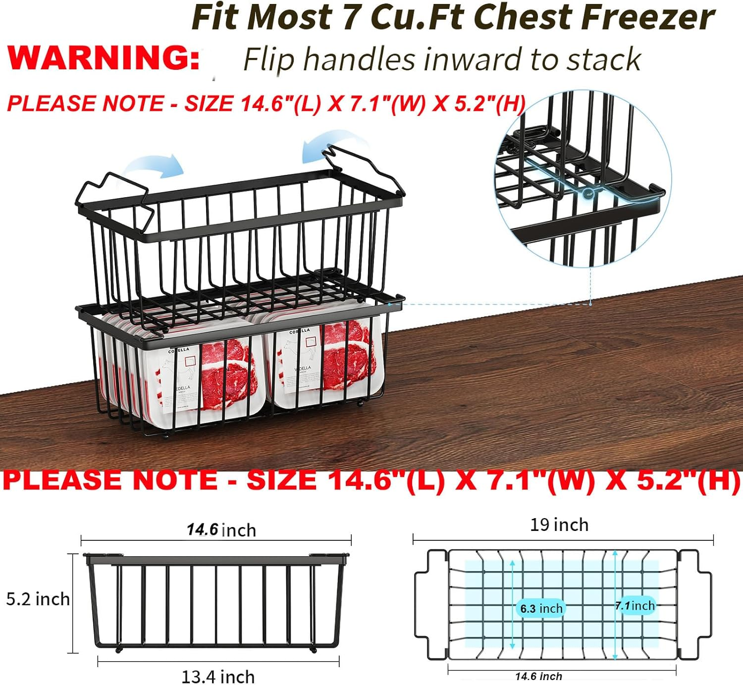 4 Pack Freezer Organizer Bins(14.6&lsquo;&rsquo;L X 7.1&lsquo;&rsquo;W X 5.2&lsquo;&rsquo;H) for 7 Cu.Ft Deep Ches Freezer Sort Frozen Meats | Stackablet Deep Freezer Organizer Bins Get Food Easily W/Handle(Black), Gifts Ideas for Mom - White image number 5