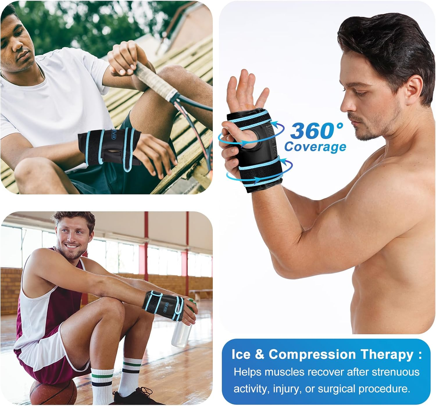 REVIX Wrist Ice Pack Wrap for Carpal Tunnel Relief, Reusable Gel Ice Packs for Hand Injuries, Cold Compress, Swelling, Sprains and Tendonitis (1 Pack), Black image number 2