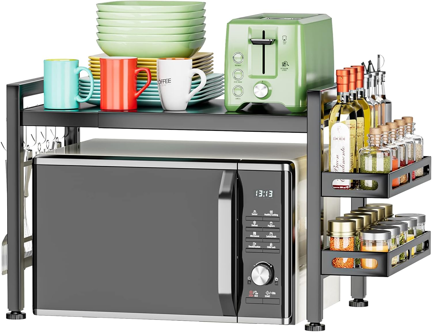 YIUKEA Extendable Microwave Oven Rack - Adjustable Kitchen Counter Shelf, 2 Tier Microwave Stand (L15.7~23.6" Xw12.8 Xh17.7) with 6 Hooks for Kitchen Countertop Organizer (White)