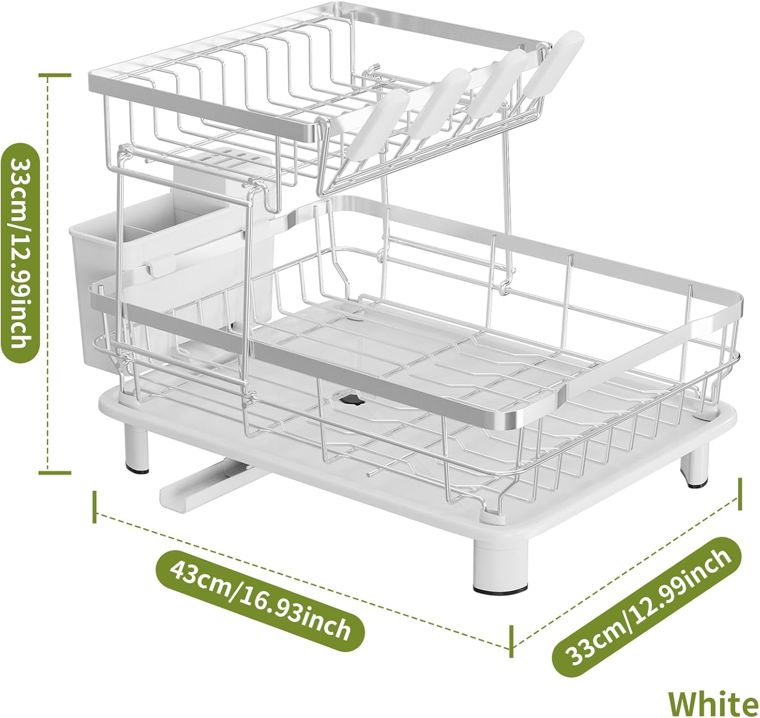 Sandream Dish Drying Rack, 2 Tier Large Dish Rack, Stainless Steel Dish Drainer for Kitchen Counter, Dish Rack with Draining Tray & Cutlery Utensil Holder (White) - Grey image number 6