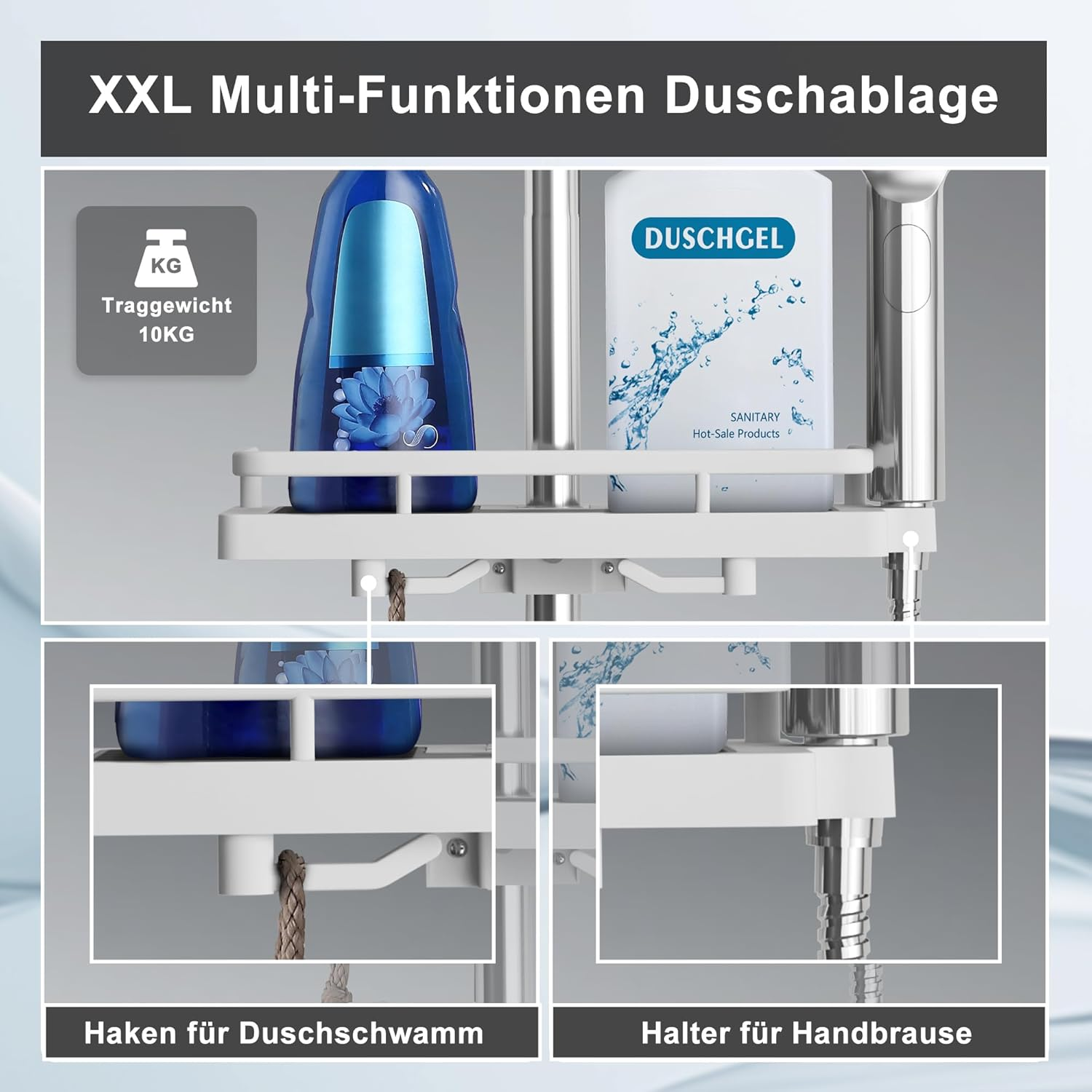 G&ouml;rbach 70Cm Stainless Steel Shower Bar with Shower Head Holder, Wall Bar Adjustable with Shower Shelf to Fit Existing Holes - Chrome image number 2