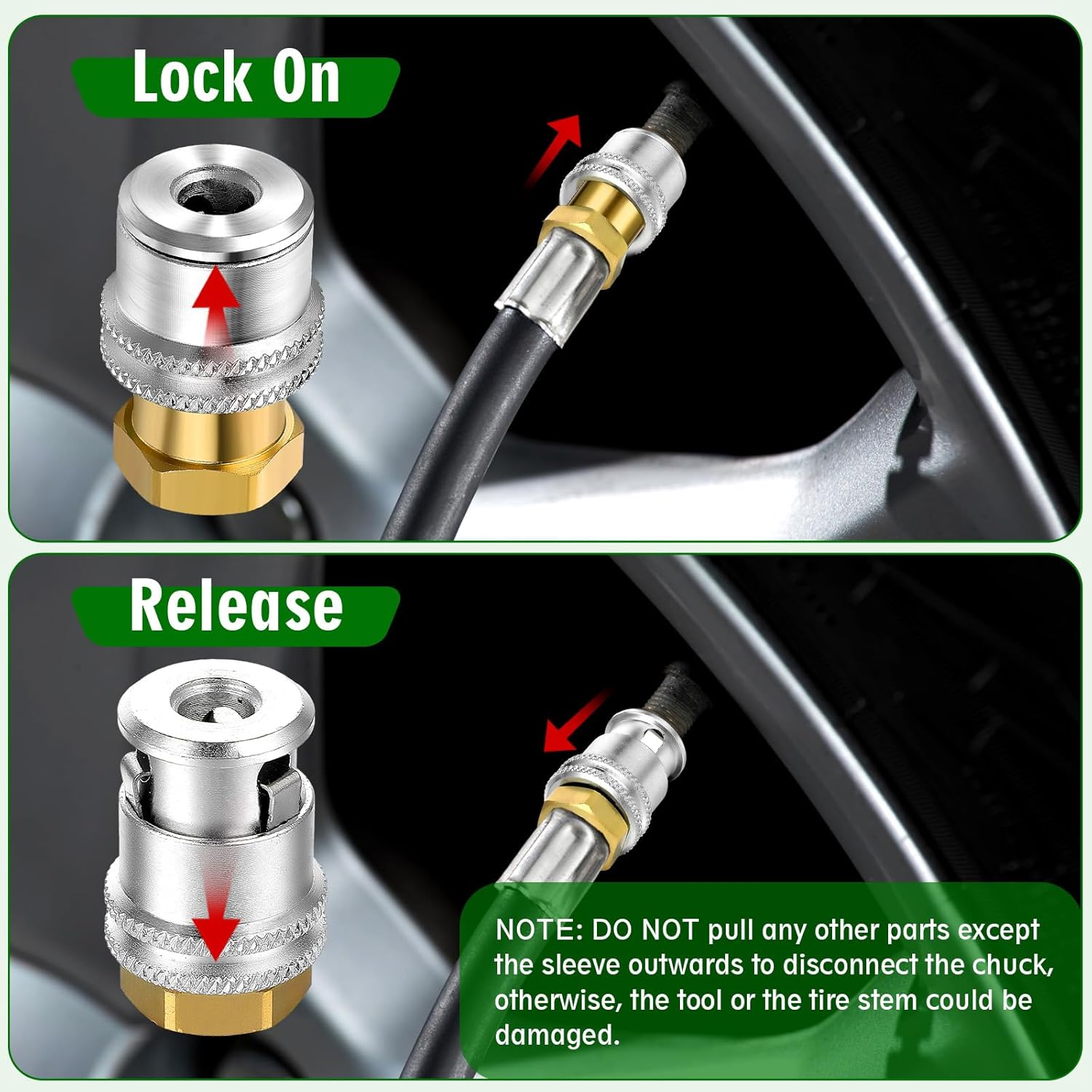 4 Pcs Air Chuck for Tires, anti Leakage Lock on Air Chuck 1/4'' FNPT Locking Tire Inflator Chuck Quick Connector Lock Air Chuck Heavy Duty Brass Tire Chuck Closed Flow for Air Compressor image number 4