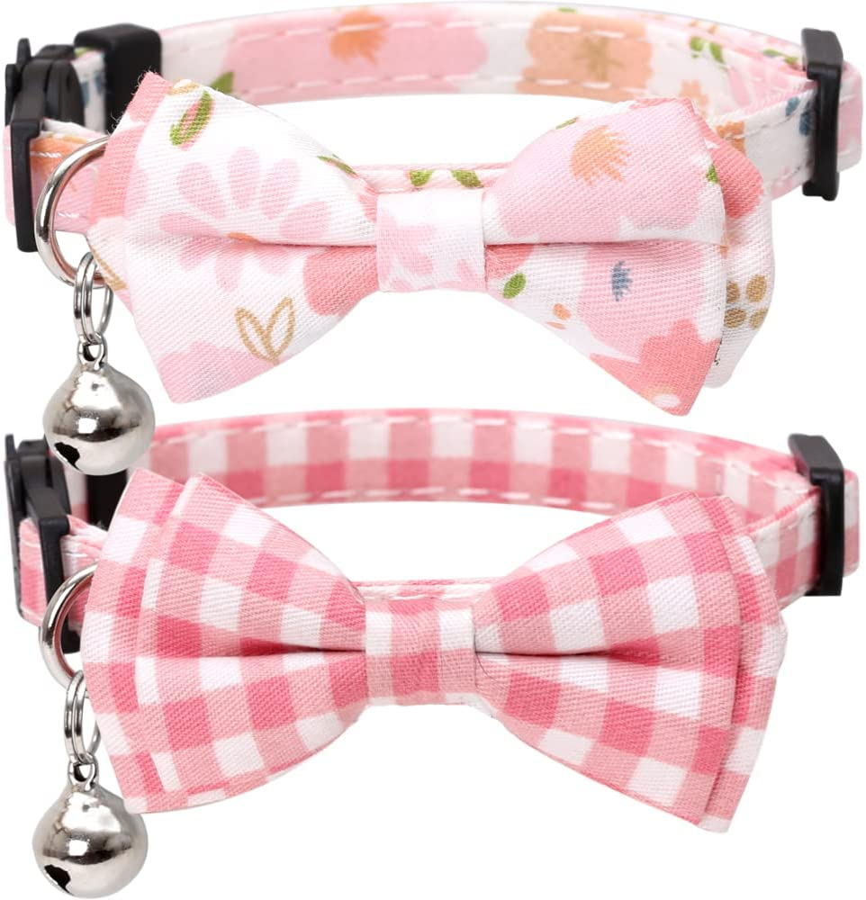 2 Pack/Set Cat Collar Breakaway with Cute Bow Tie and Bell Plaid Flower for Kitty Adjustable Safety