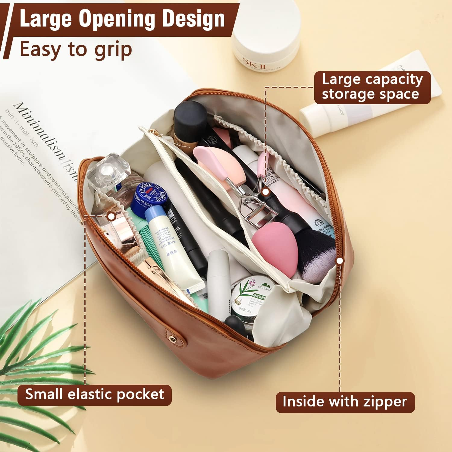 Cosmetic Bag, Large Capacity Travel Makeup Bag, PU Waterproof Storage Cosmetic Bag, Women Portable Travel Makeup Bag with Handle and Divider Flat Lay Makeup Organizer Bag (Brown) image number 4