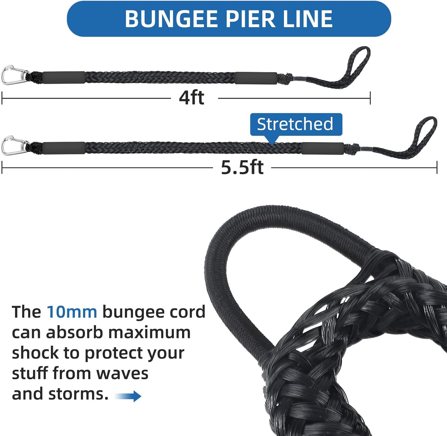 4 Pack Bungee Boat Dock Lines Mooring Rope Bungee Shock Cords Docking Rope Clip for Pwc,Jet Ski,Pontoon,Kayak,Canoe,Power Boat,Watercraft 4 Feet