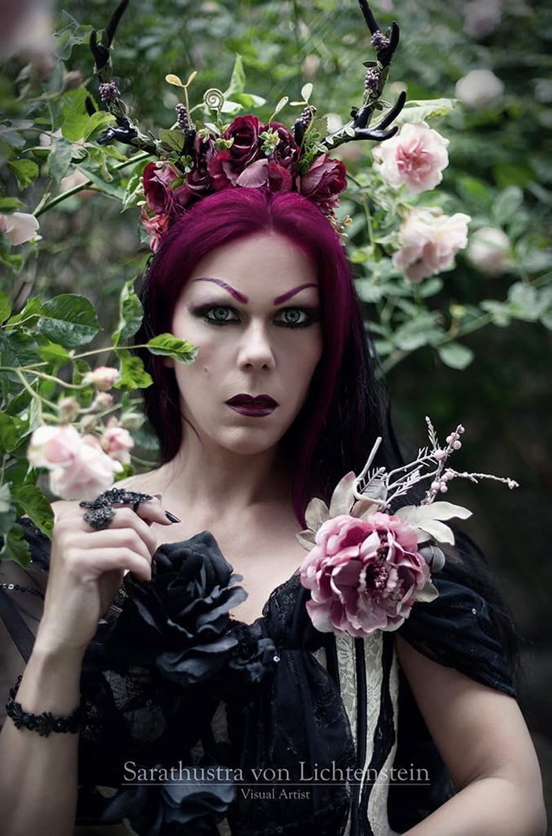 MOSTORY Flower Reindeer Headband for Women - Floral Antler Headpiece Woodland Deer Horns Hairband for Renaissance Cosplay - Black-Red image number 3