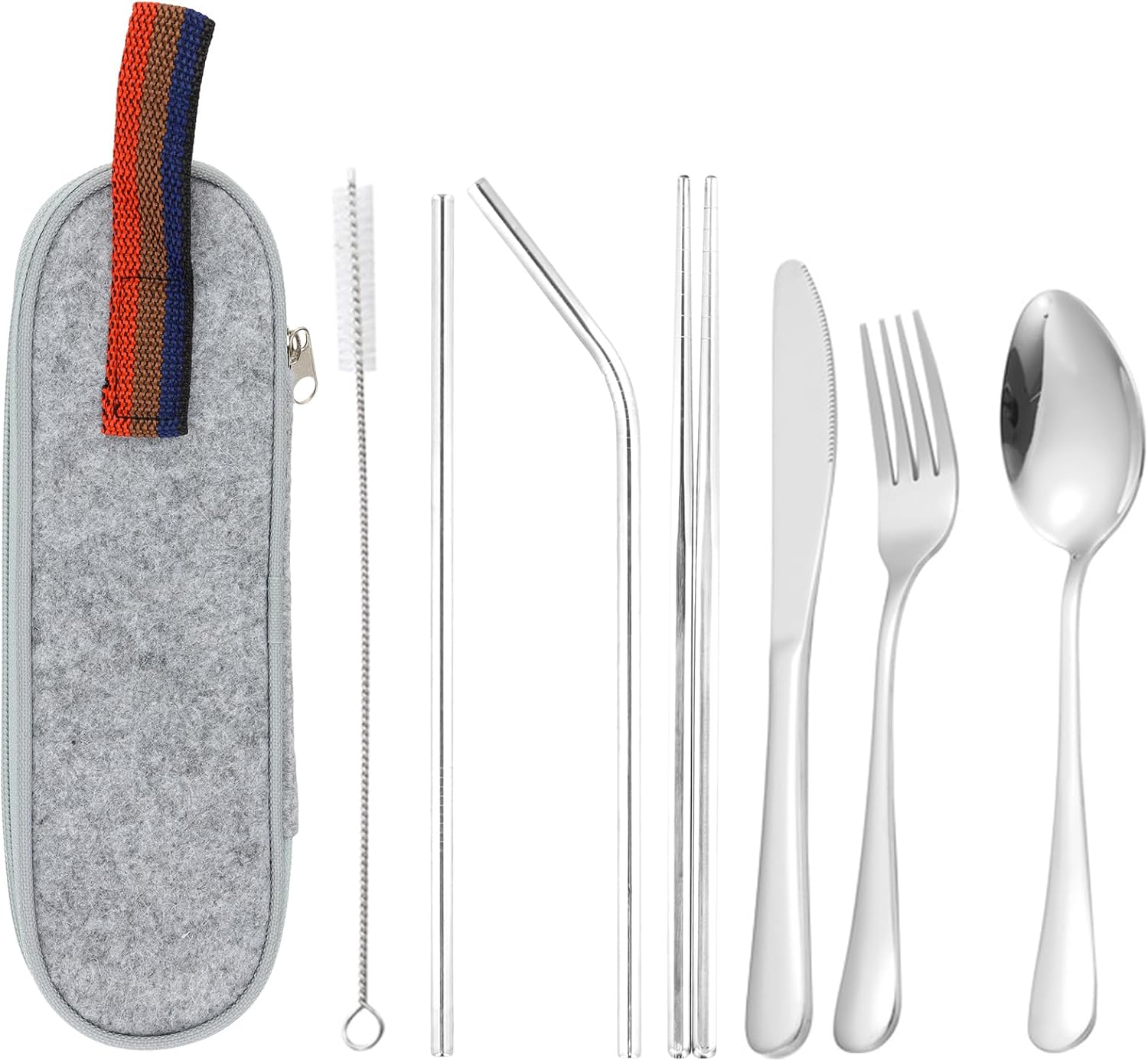 Portable Utensils Dinnerware Set, Travel Camping Cutlery Set - Including Knife Fork Spoon Chopsticks Cleaning Brush Straws Portable Case, 8 Piece Stainless Steel Flatware (Black Cutlery)