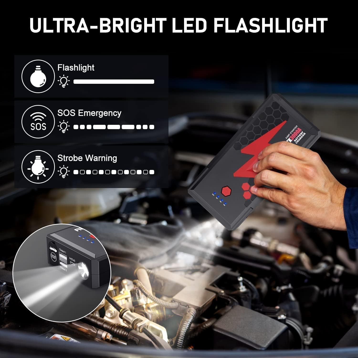 3000A Car Jump Starter &ndash; Fast Charging Portable Battery Booster Pack with Supersafe Technology - 20000Mah Power Bank with Jumper Cables for 8L Diesel and 10L Gas Engines image number 4