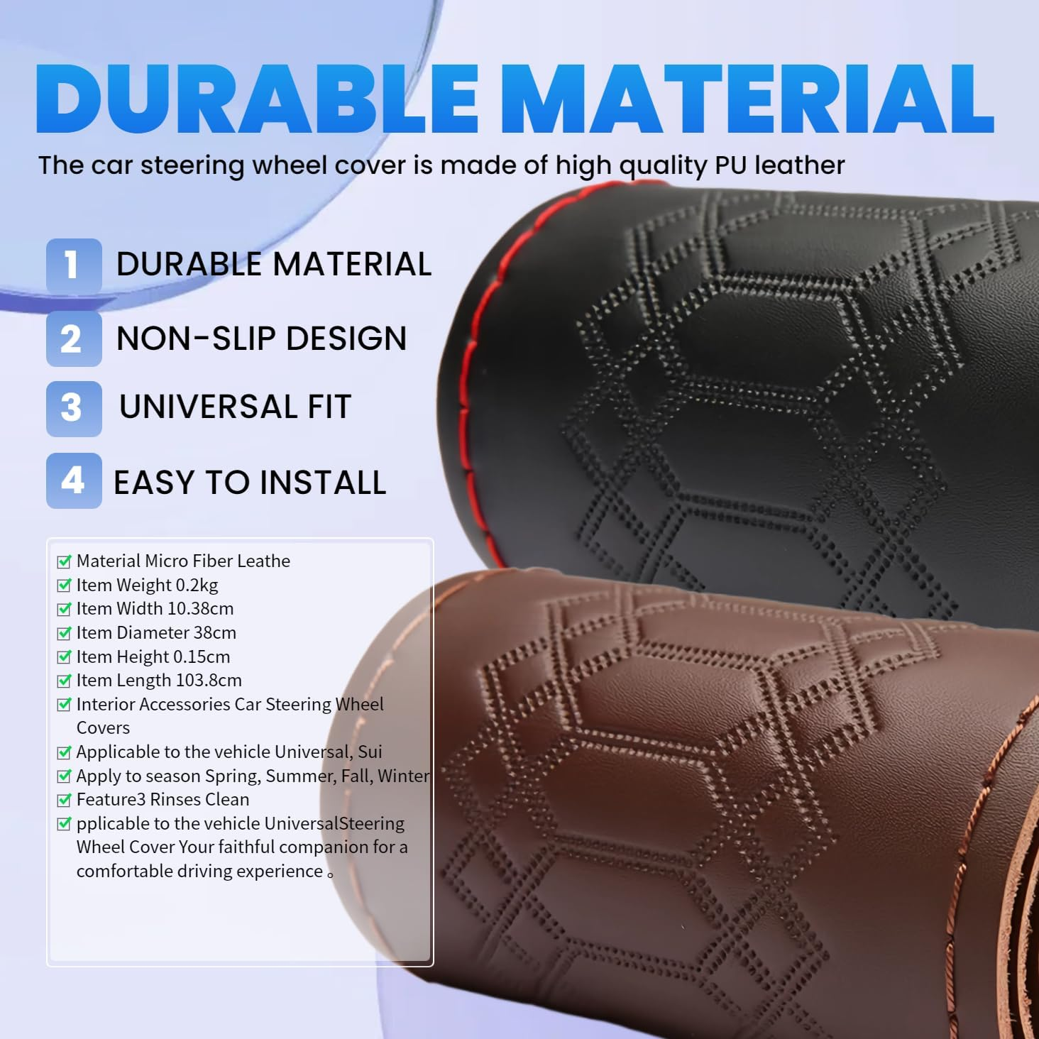 DEEYOTA Car Steering Wheel Cover Universal Fit round Stitch Steering Wheel Wrap Thin PU Leather Steering Wheel Cover Sewn on 15" Car Wheel (Black) - Coffee image number 6