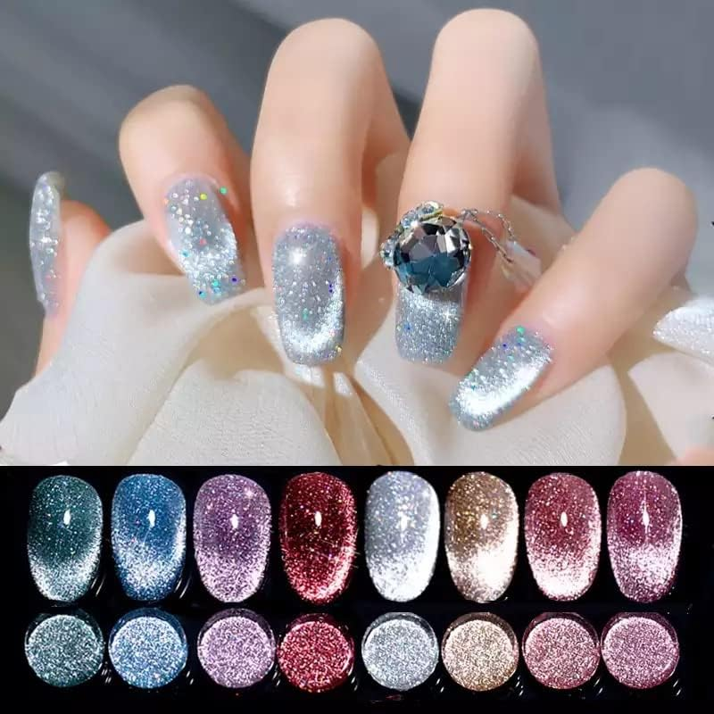 VERONNI Reflective Glitter Cat Eye Gel Nail Polish - Sparkling Diamond, Magnetic, UV LED Varnish - Soak off Gel Nail Art Set (12 Colors) with Magnet