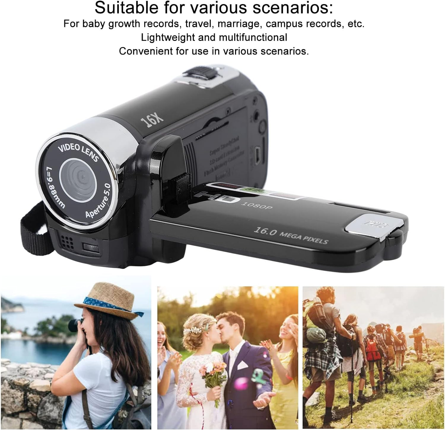 Video Camera Camcorder, 4K 48MP FHD Digital Camera Recorder with 2.7In TFT Rotatable Screen, 16X Digital Zoom, Fill Light, USB Cable, DV Camera (Black) - Black image number 2