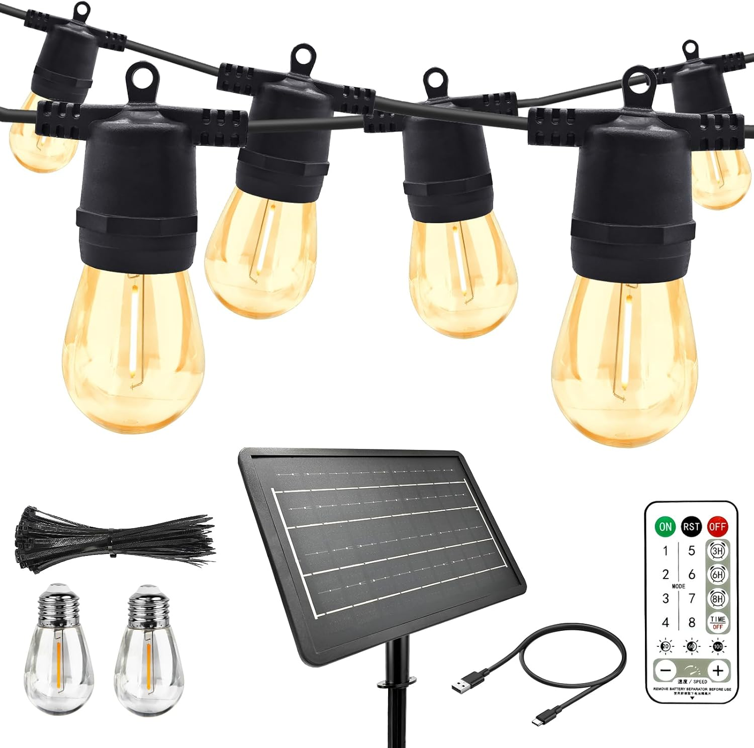 35M Solar String Lights Outdoor with 30 S14 Leds & 2 Spares, 48Hrs 7200Mah, Usb/Solar Charging, 8 Modes Remote, IP65 Waterproof, 2 Installation for Garden image number 3
