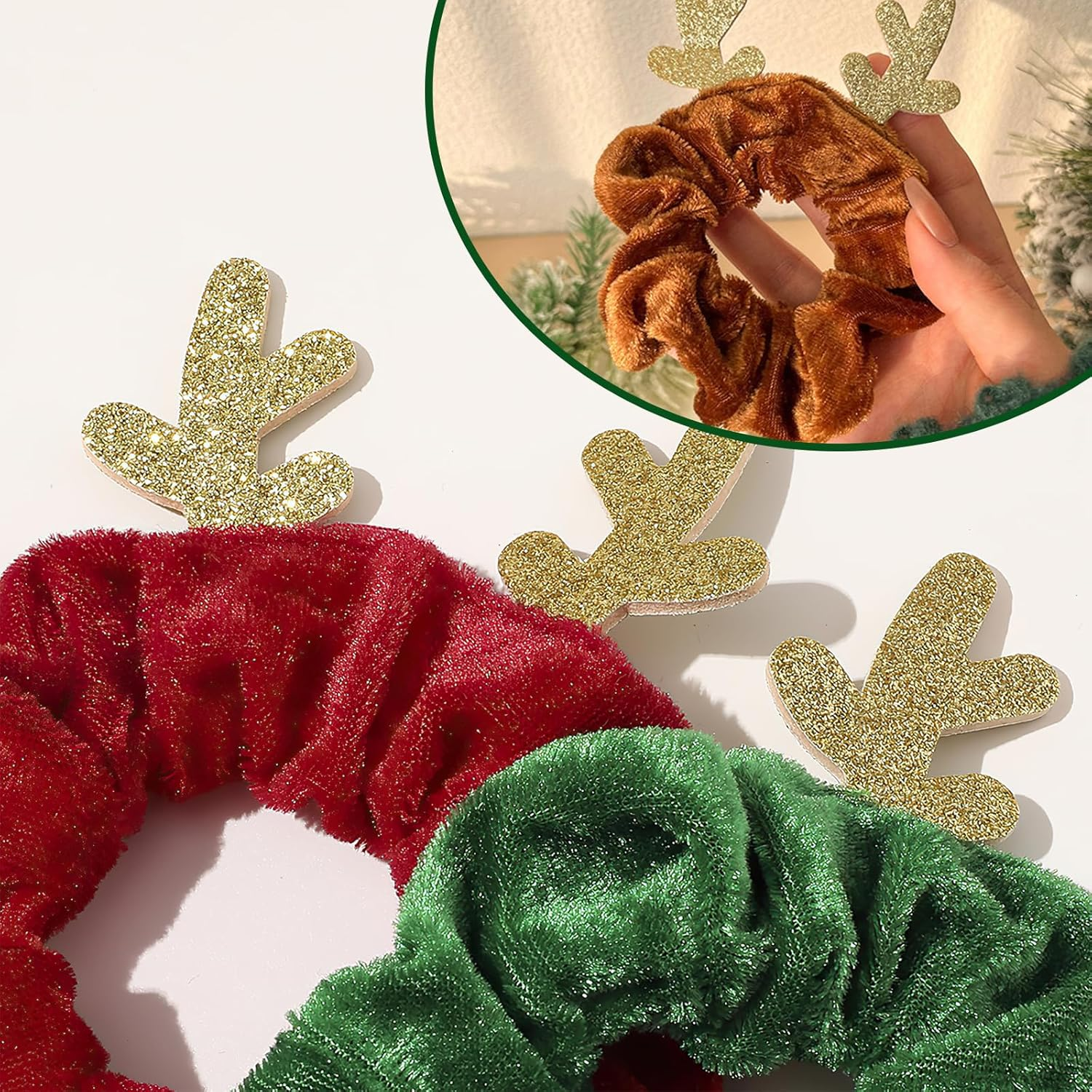 HSLPSM Pack of 3 Christmas Hair Bobbles, Christmas Bobbles Scrunchies for Women, Antlers Christmas Headband Hair Band Elastic Ponytail Holder Hair Ropes