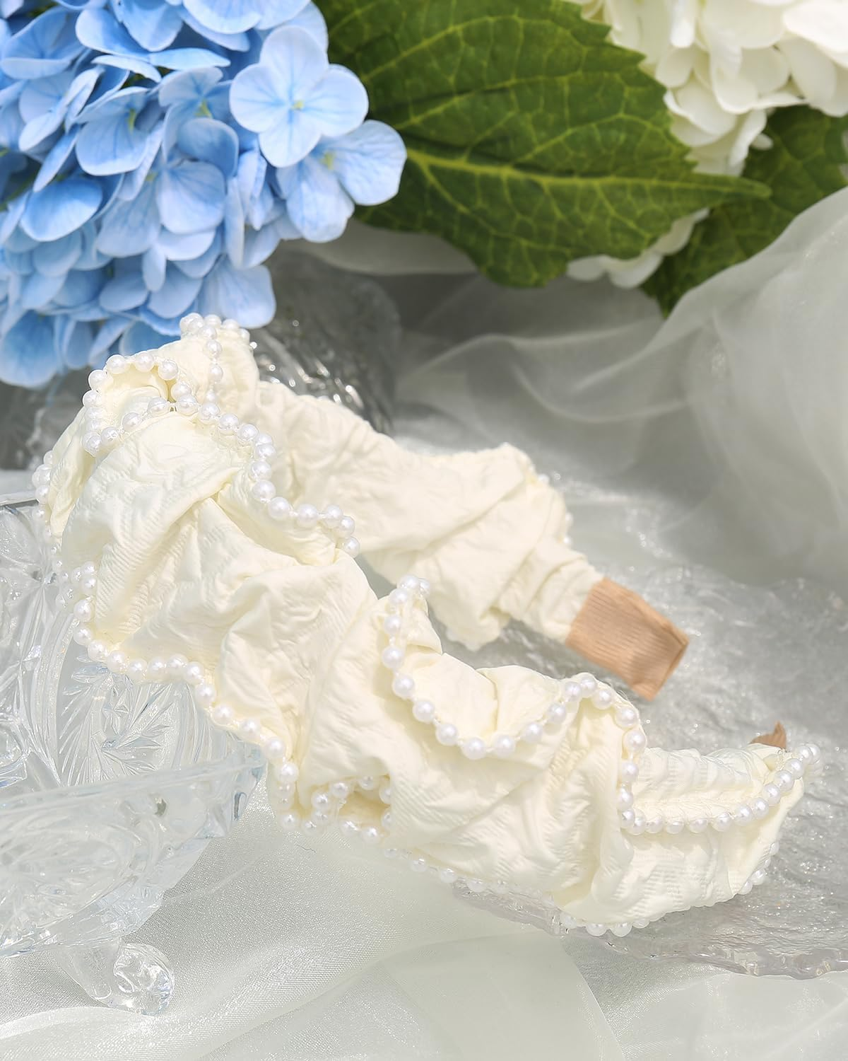 Lislic Women'S White Pearls Pleats Headbands for Women Non Slip, Boho Wide Pearl Cloth Headband, Girls Hair Accessories Christmas Gift (Cream Pleats) image number 2