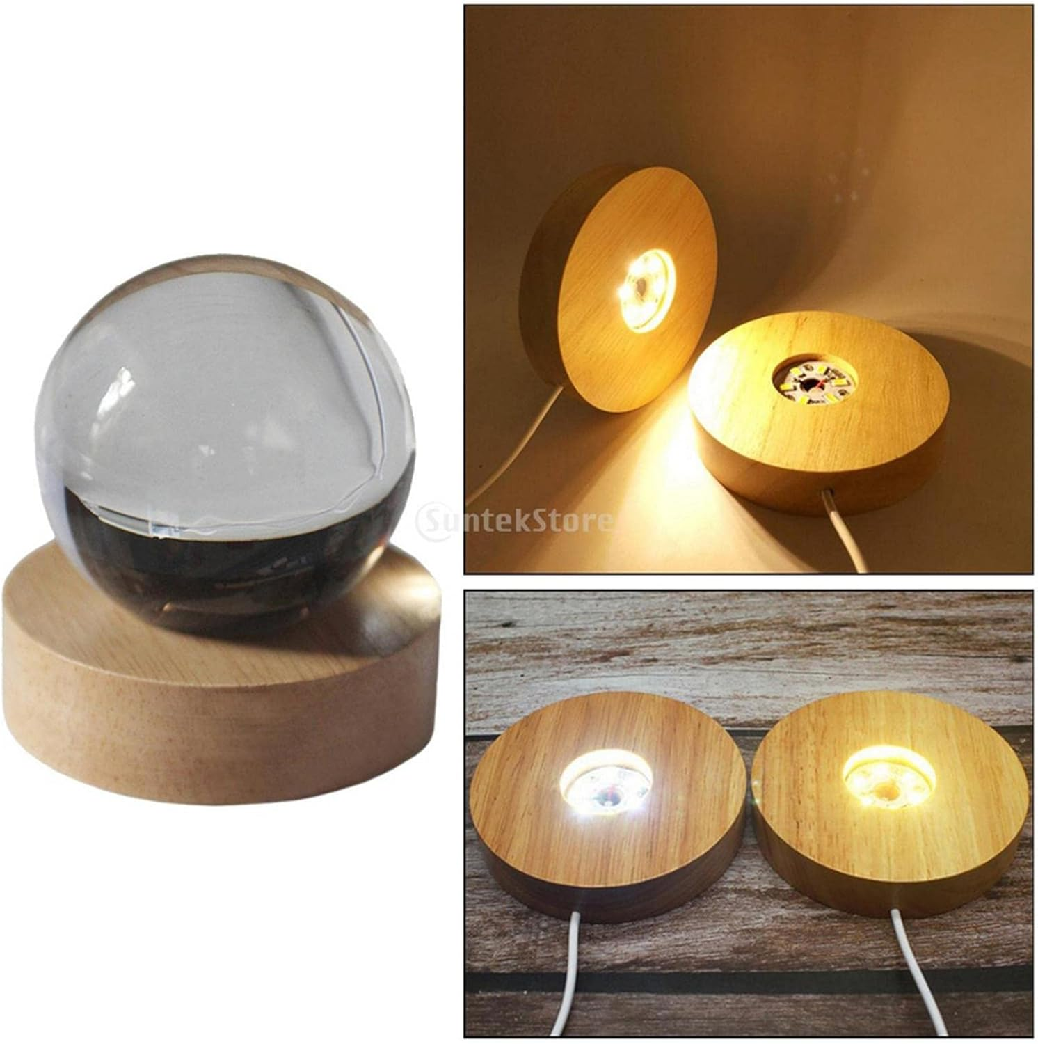 Generic LED Lamp Base, 70Mm Wooden Lights Display Base USB Powered Lamp Base Stand for 3D Crystal Ball Jewelry Glass Resin Art Vase Acrylic - Warm Light