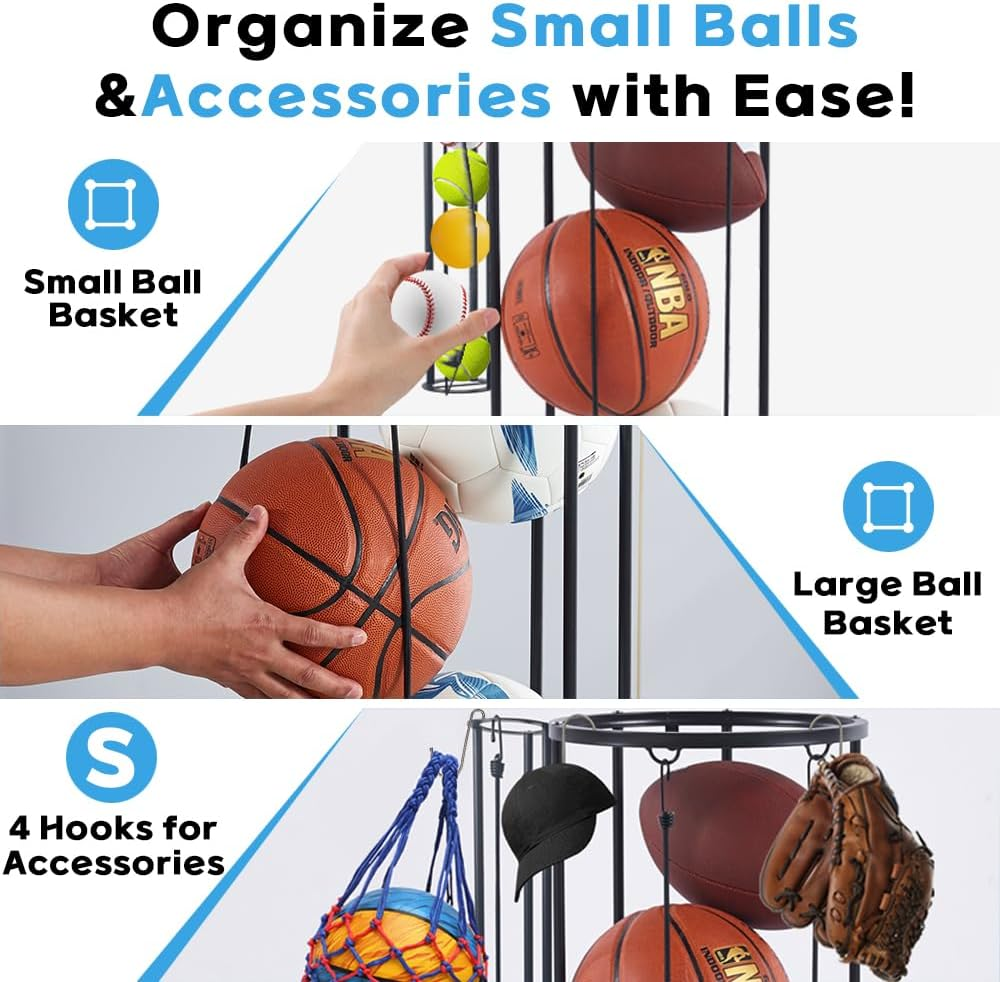 Ball Storage Rack with 4 Hooks&Wheels,150*30Cm 3 Layers Garage Ball Storage with Small Balls Basket,Ball Holder with 1 Ball Net & 2 Inflation Needles for Basketball,Soccer,Baseball&Accessorries