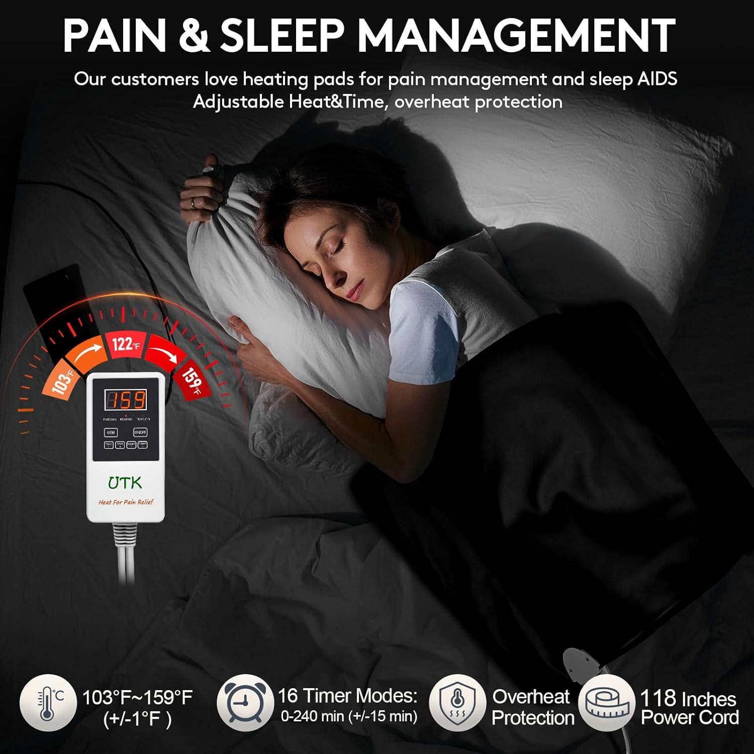 UTK Far Infrared Heating Pad for Back, 5X Deeper Relaxation for Full Back, Thigh, Hip, Muscle, Hotter to 159℉, Weighted Electric Mat with Jade Tourmaline Stones, 21" X 38" Extra-Large Size image number 5