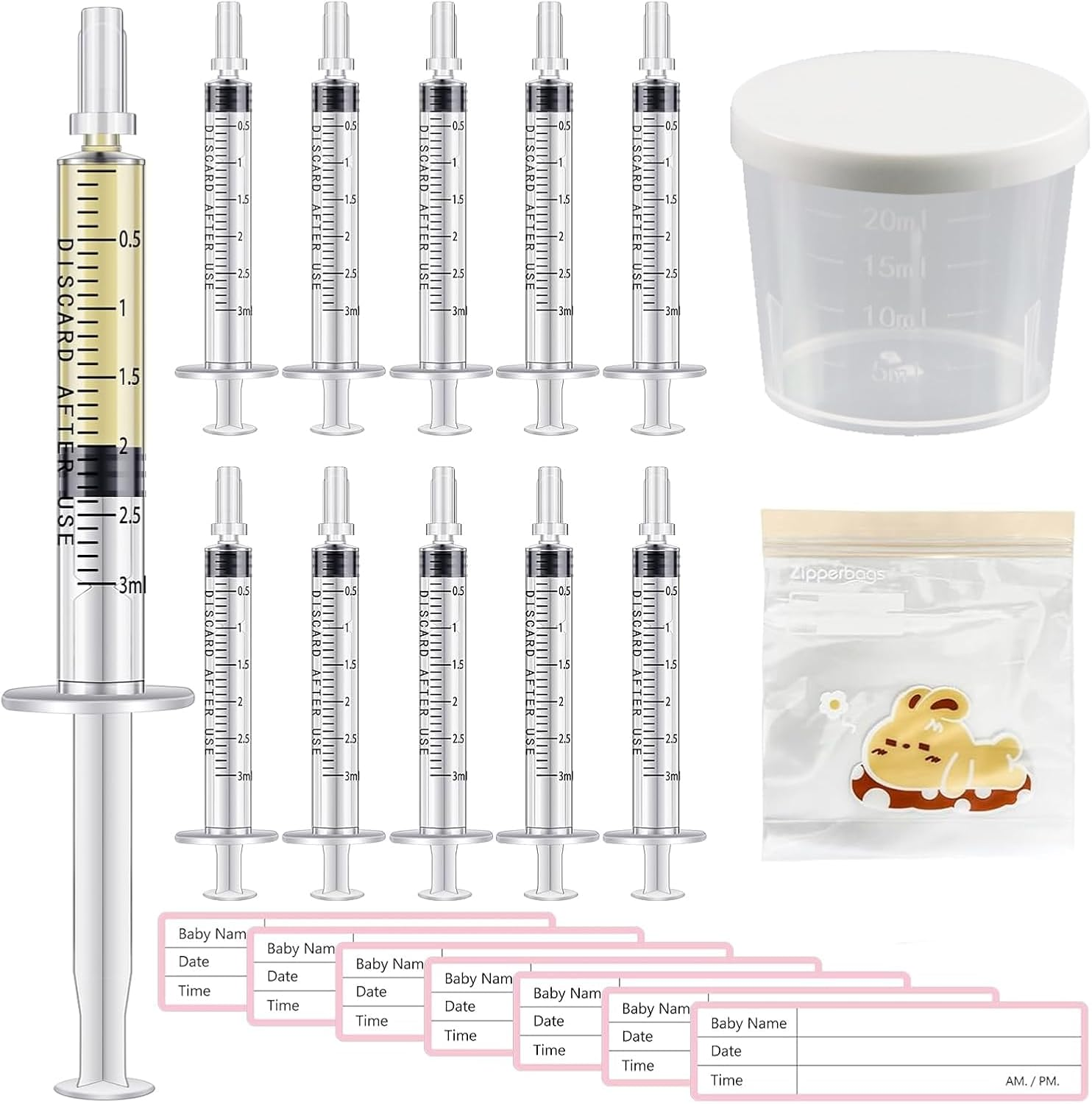 Weidllys 50 Sets 3Ml Colostrum Syringes with Caps, Colostrum Collector Kit Include 50Pcs 3Ml Sterile Syringes for Colostrum, 1 Measuring Cup, 5 Storage Bags, 50 Labels image number 1