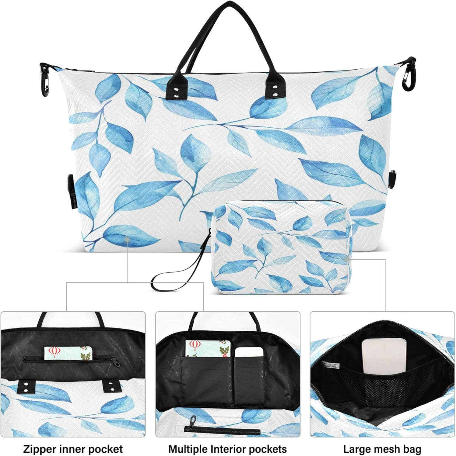 Overnight Travel Duffel Bag Travel Tote Gym Bag Carry on Tote Bag with Toiletry Bag for Gym Waterproof Watercolor Light Blue Leaves, Multi, 1 Size, Modern/Fitted, Multi, 1 Size, Modern/Fitted image number 1