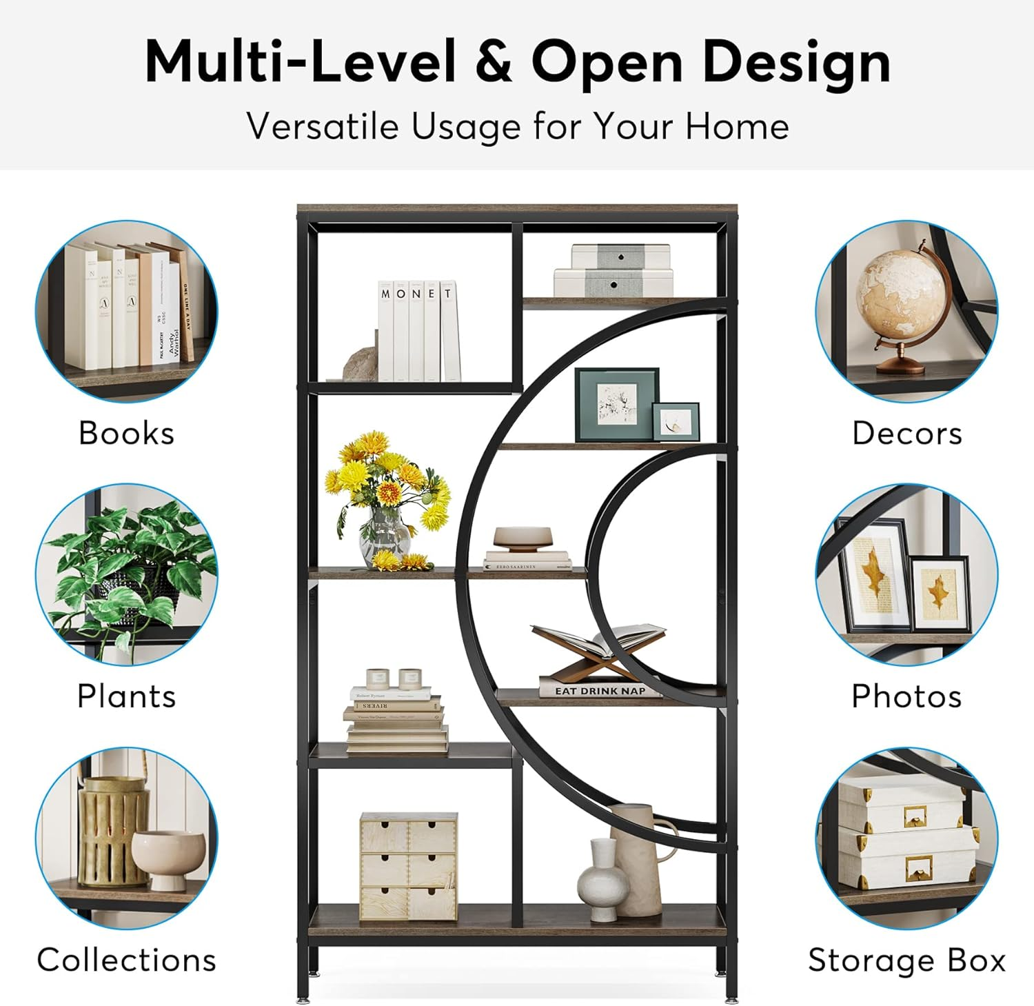 Tribesigns Geometric Bookshelf, Industrial 8-Tiers Bookshelves, Rustic Etagere Bookcase with Metal Frame, Tall Freestanding Open Storage Shelving Units for Home Office, Living Room(100 Cm Wide) image number 2