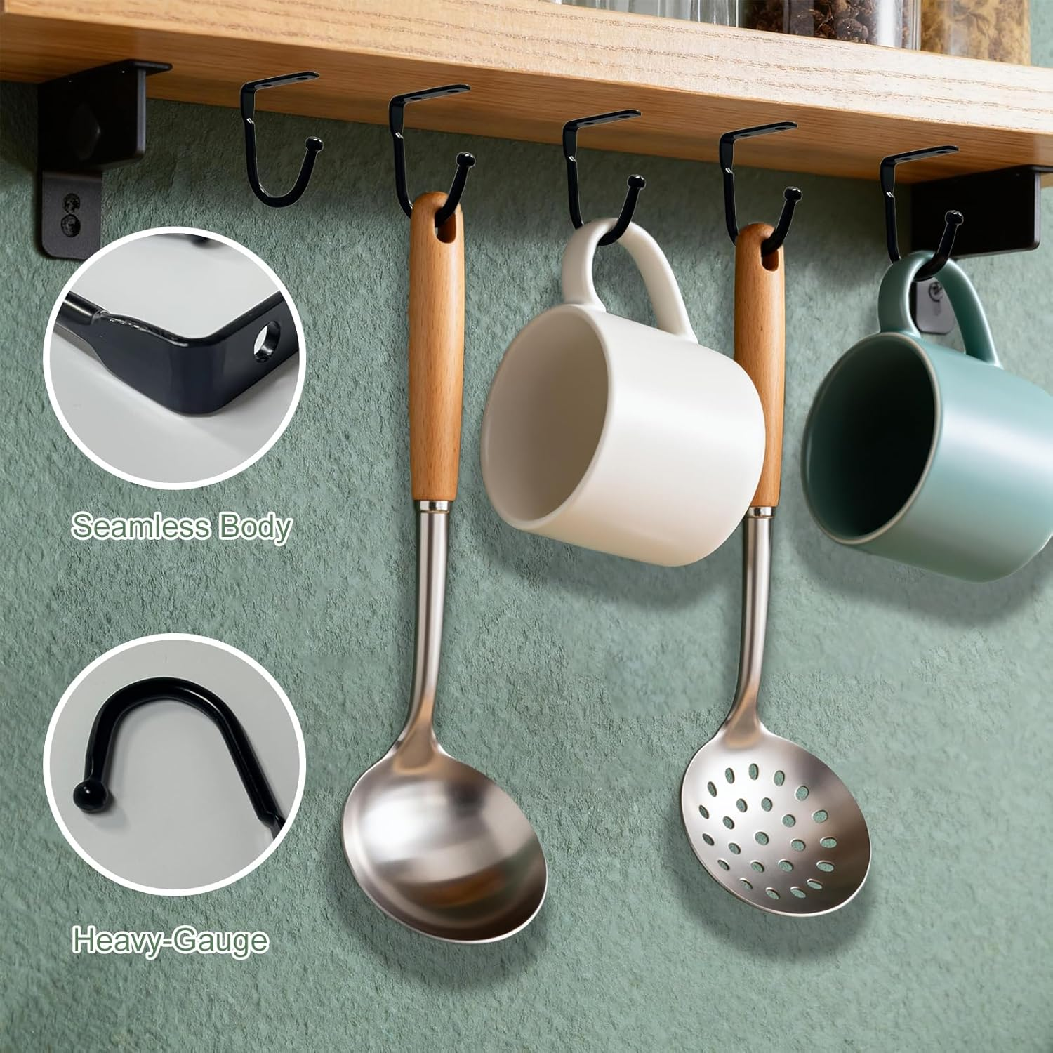 Alguirnex 16 Pcs Black Cup Hooks, Heavy Duty under Shelf Mug Hooks, Iron Curved Hooks for Kitchen Utensil Storage, Cabinet, Wardrobe & Home Organisation(Without Screws)