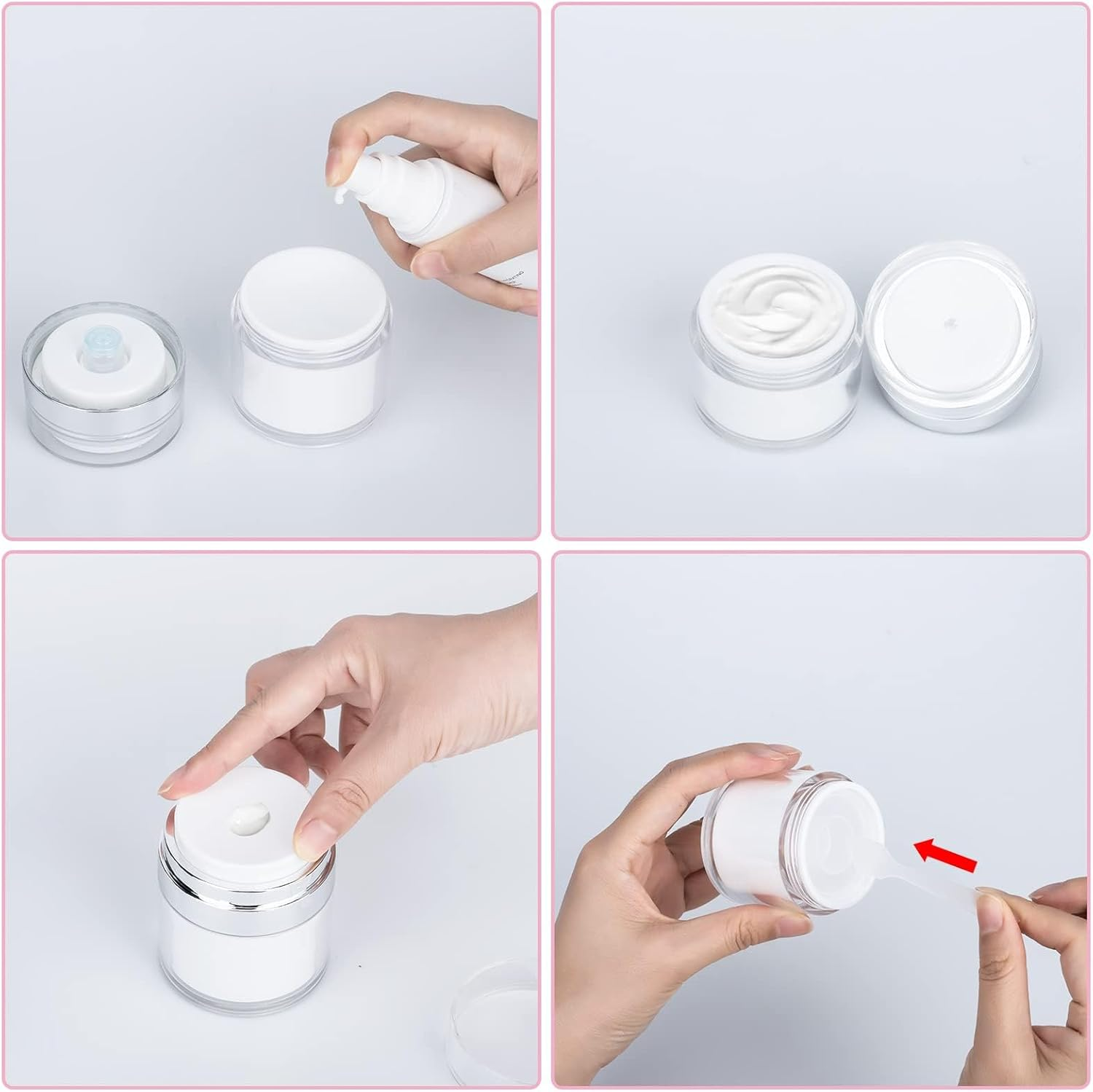 Heatunk 3PCS Airless Pump Bottle Set - Refillable Cream Jars with Leak-Proof Vacuum Technology - Portable Travel Cosmetic Moisturizer Containers with Cream Scoop - 15ML, 30ML, 50ML Sizes image number 4