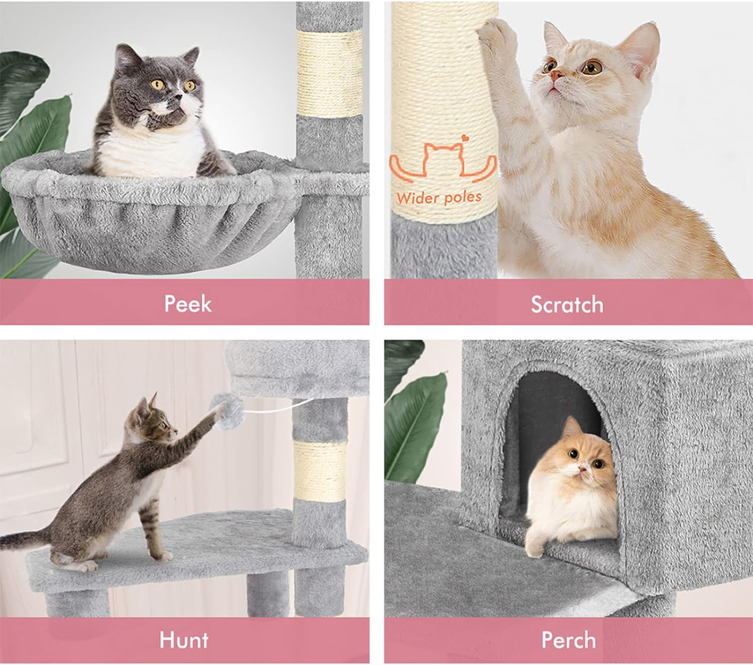 BEASTIE Cat Tree 130Cm Multi-Level Play Tower with Scratching Post, Condo House, Scratch Board & Plush Perch Den, Sisal Covered Scratcher Tower Furniture for Kitten Climbing & Playing, Light Grey image number 4