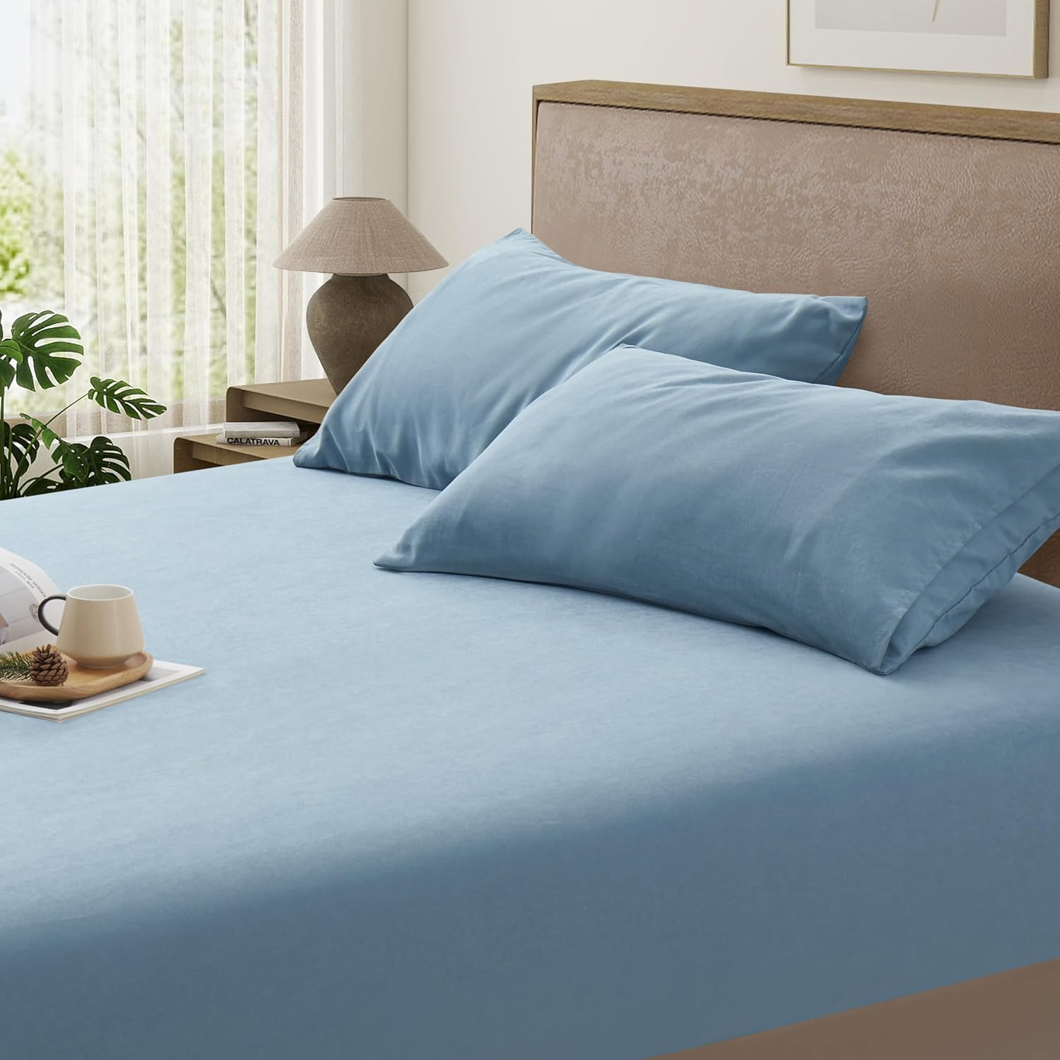 3 PCS Double Sheet Set, 1200TC Breathable and Ultra Soft Double Size Bed Sheets Set with Fitted Deep Pockets 40Cm, 1 Bedding Fitted Sheets & 2 Pillowcases (Grayish Green, Double)