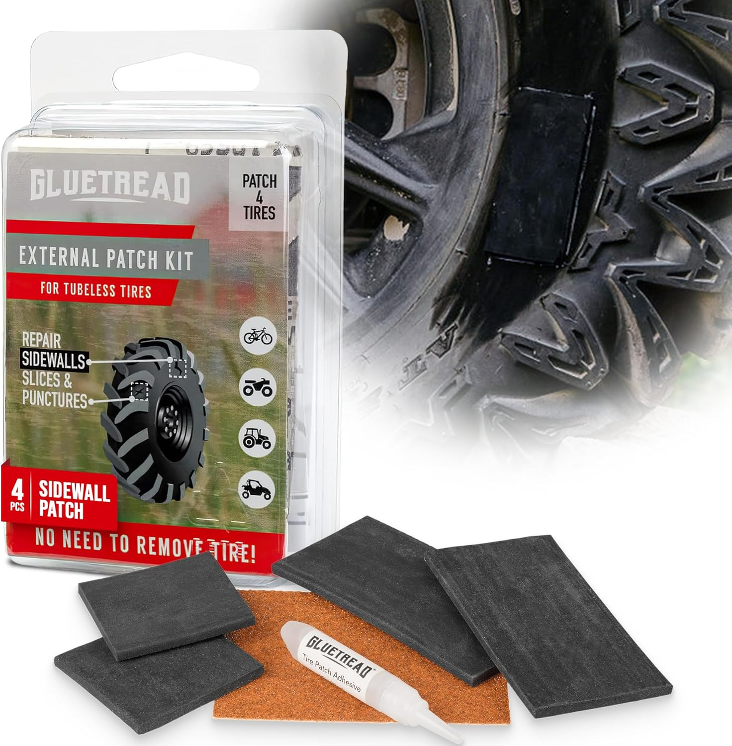 Gluetread External Patch Kit - for Tubeless Tires - No Need to Remove Tire - Kit Includes Enough Material to Patch 4 Tires - ATV Sidewall Repair Kit image number 1
