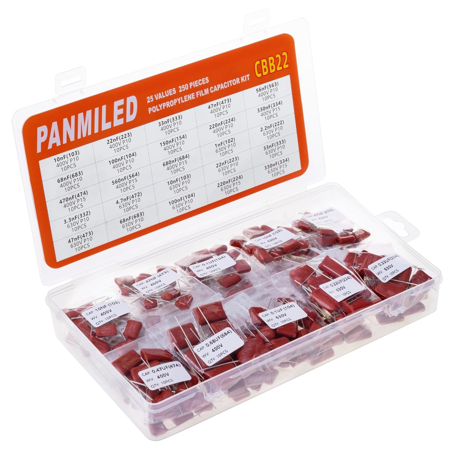 PANMILED 25 Values 250 Pieces Metallized Polypropylene Film Capacitor Kit 400V (0.01Uf ~ 0.68Uf) and 630V (0.001Uf ~ 0.33Uf) CBB22 Polyester Capacitor Assortment Kit image number 5