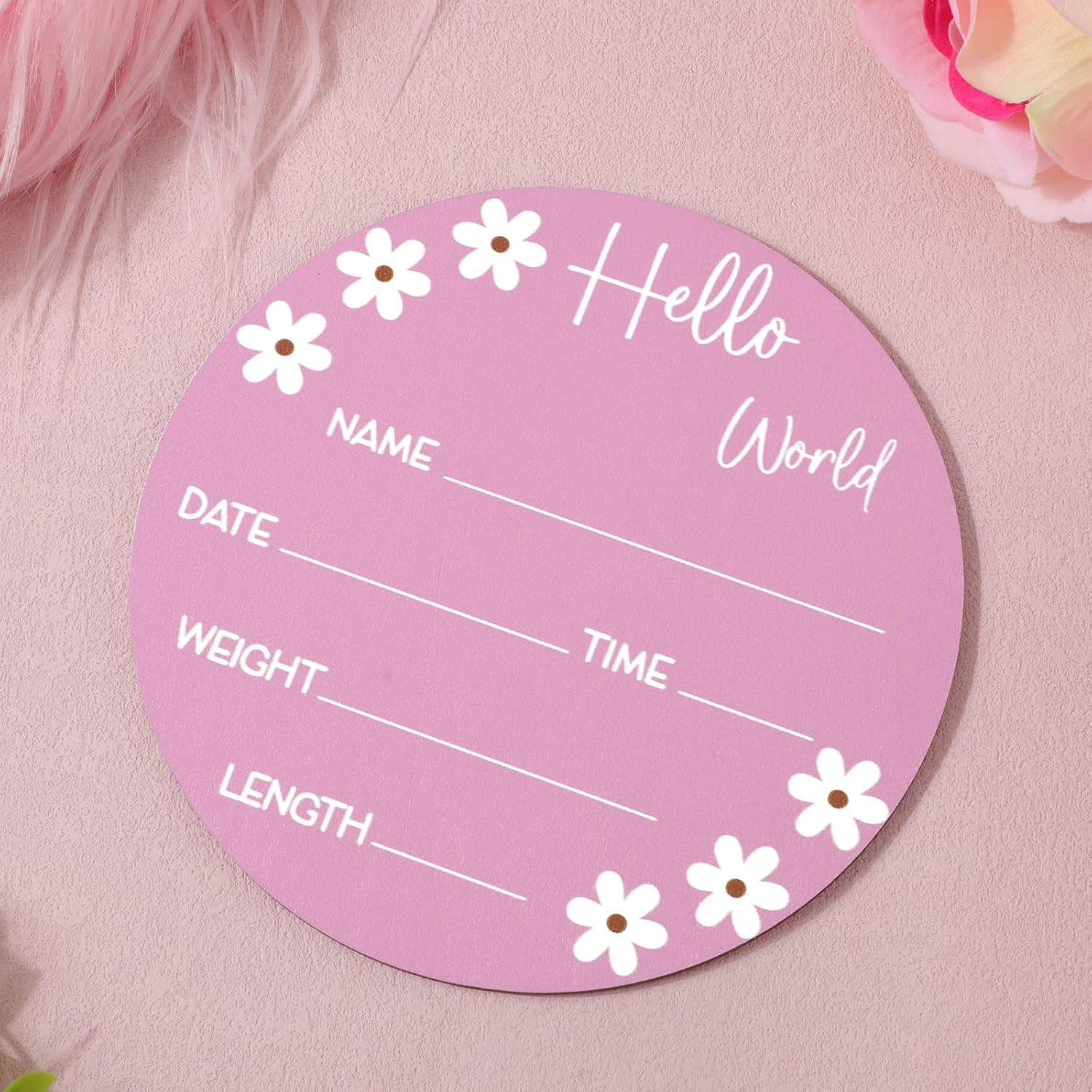 NQEUEPN Baby Name Sign, 5.9In Wooden Hello World Sign Daisy Wooden Baby Announcement Card Birth Baby Name Plaques for Newborn Boys Girls Photography Props Baby Shower Gifts Hospital Nursery(Rose Red)