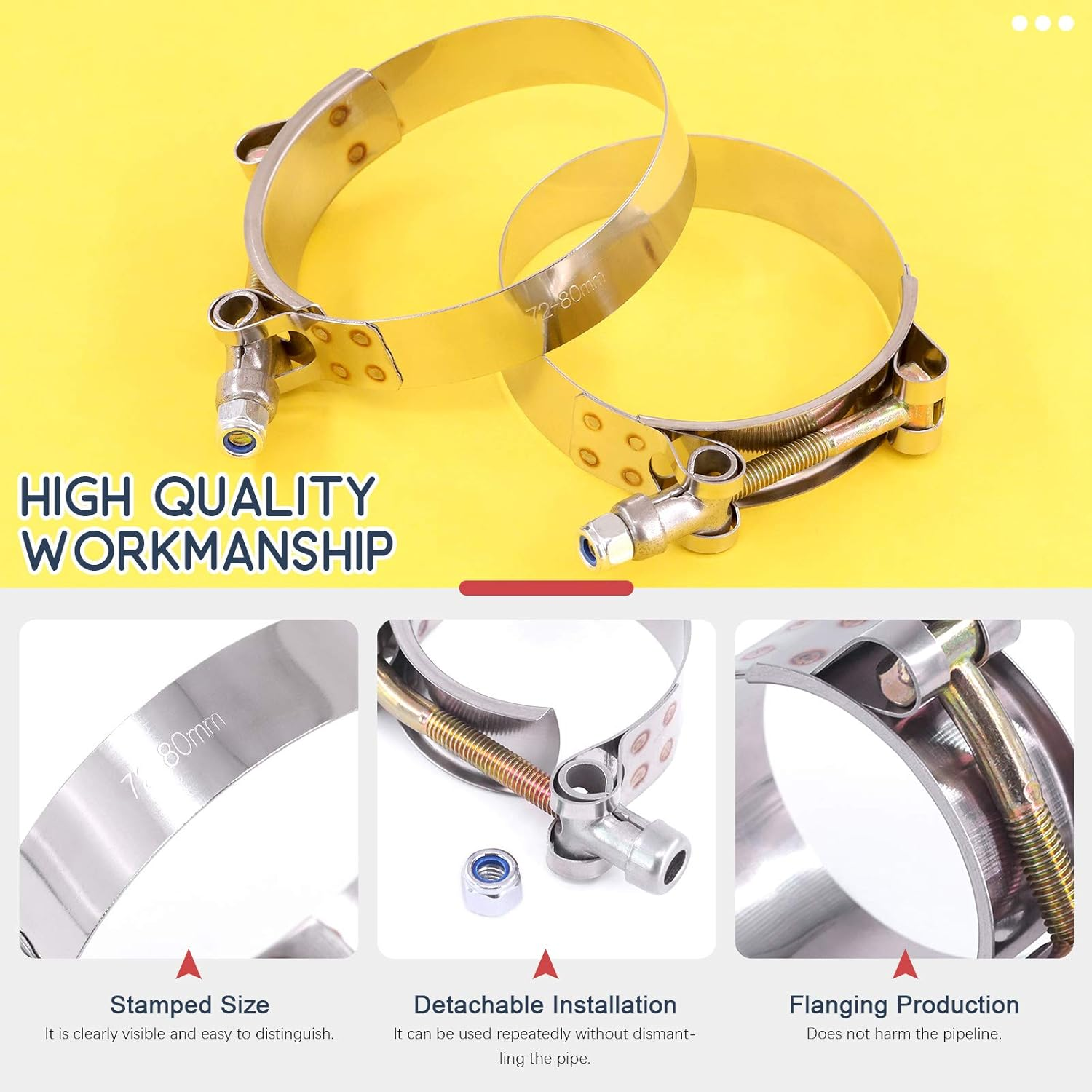 Hilitchi 2Pcs Stainless Steel T-Bolt Clamps with Rounded Band Edges Heavy Duty Turbo Intake Intercooler Clamp (72-80MM) for 2 3/4 Inch image number 3