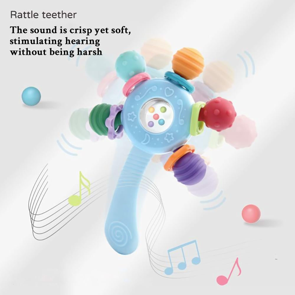 Itreatu Baby Sensory Toy for 0-6 Months,Montessori Early Education Toy,Teething Toy for 3-6 Months,6-12 Months, Rattle Stick Toy,Baby Rattle, Grasp Training Toy, Baby Teething Toys,Newborn Toys (Blue)