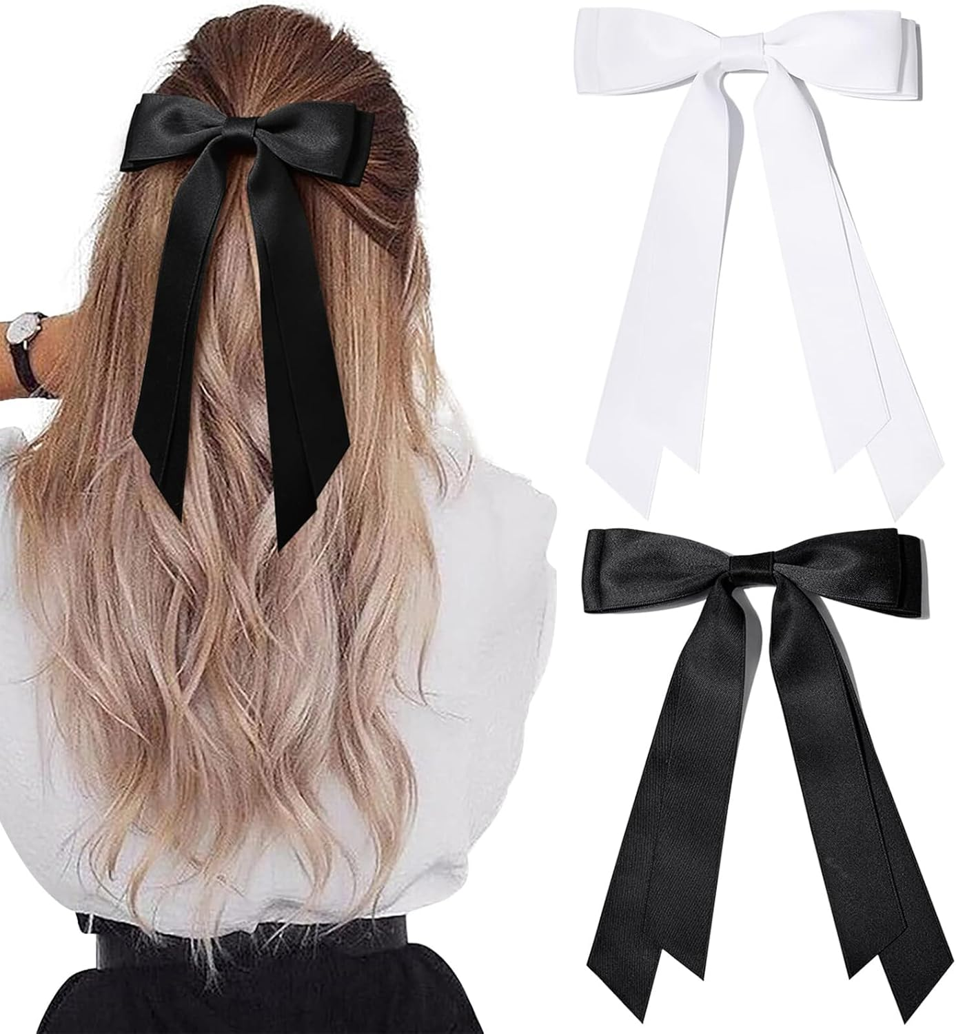 Pack of 2 Hair Bow, Elegant Hair Bow, Women'S Bow Hair, French Hair Clip Bow, Non-Slip Silky Satin Hair Bows Girls (White/Black) image number 6