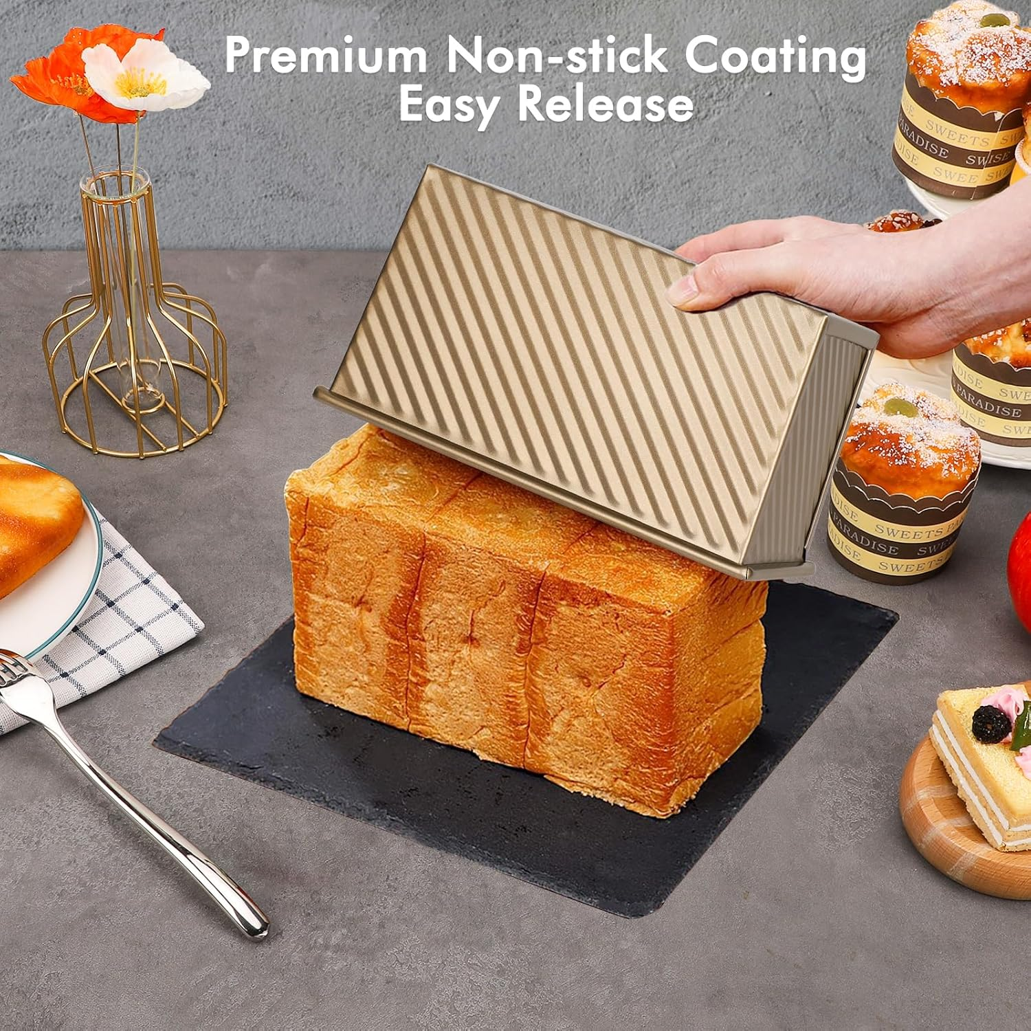 Beasea Pullman Loaf Pan 2 Pack, 1 Lb Non-Stick Bread Pan with Lid Carbon Steel Gold Toast Box Mold with Cover for Bakeware Bread, Baking Tools for Oven Baking